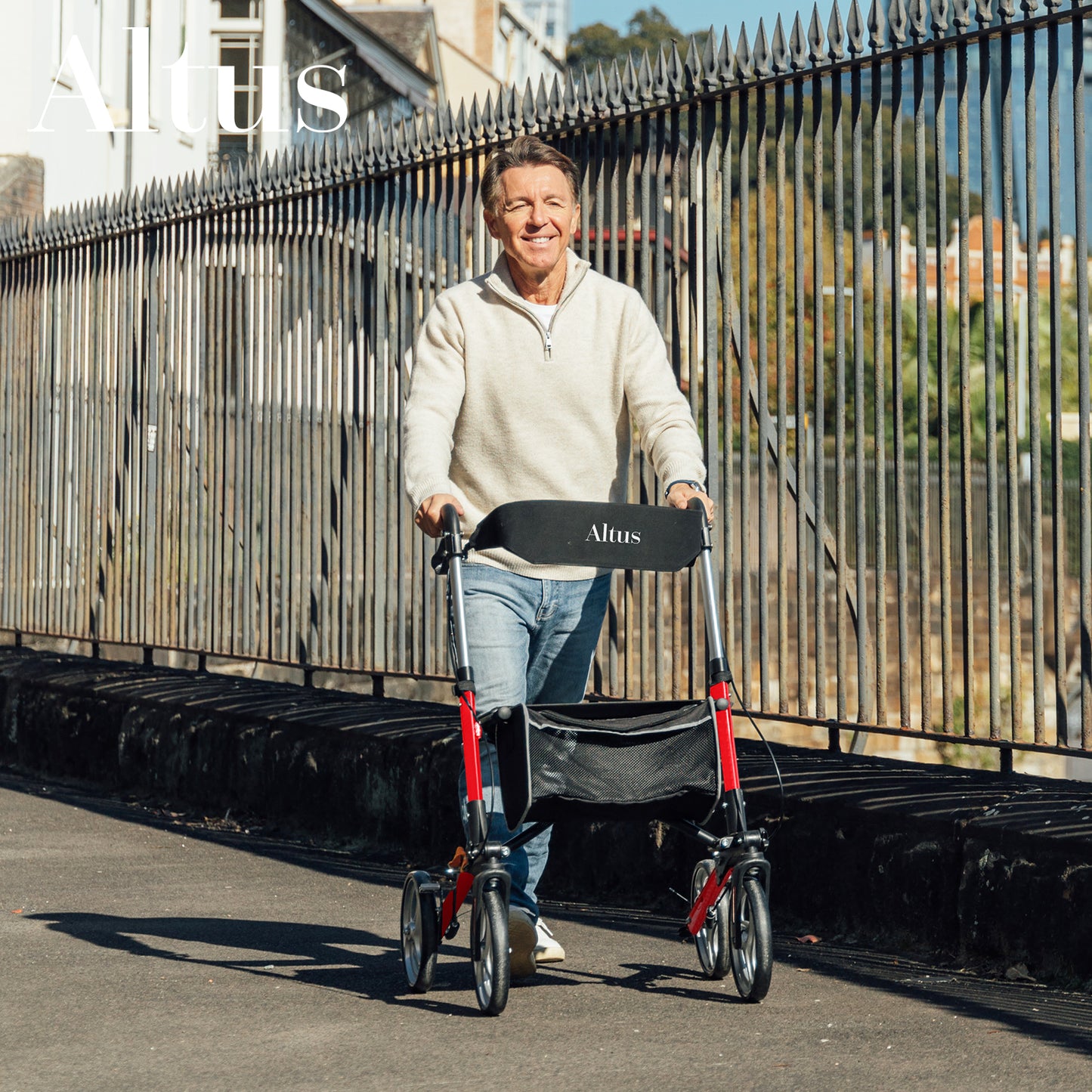 Close-up on the unique features of the Altus rollator, highlighting its ergonomic handle grips and user-friendly brake system designed for optimal safety and comfort