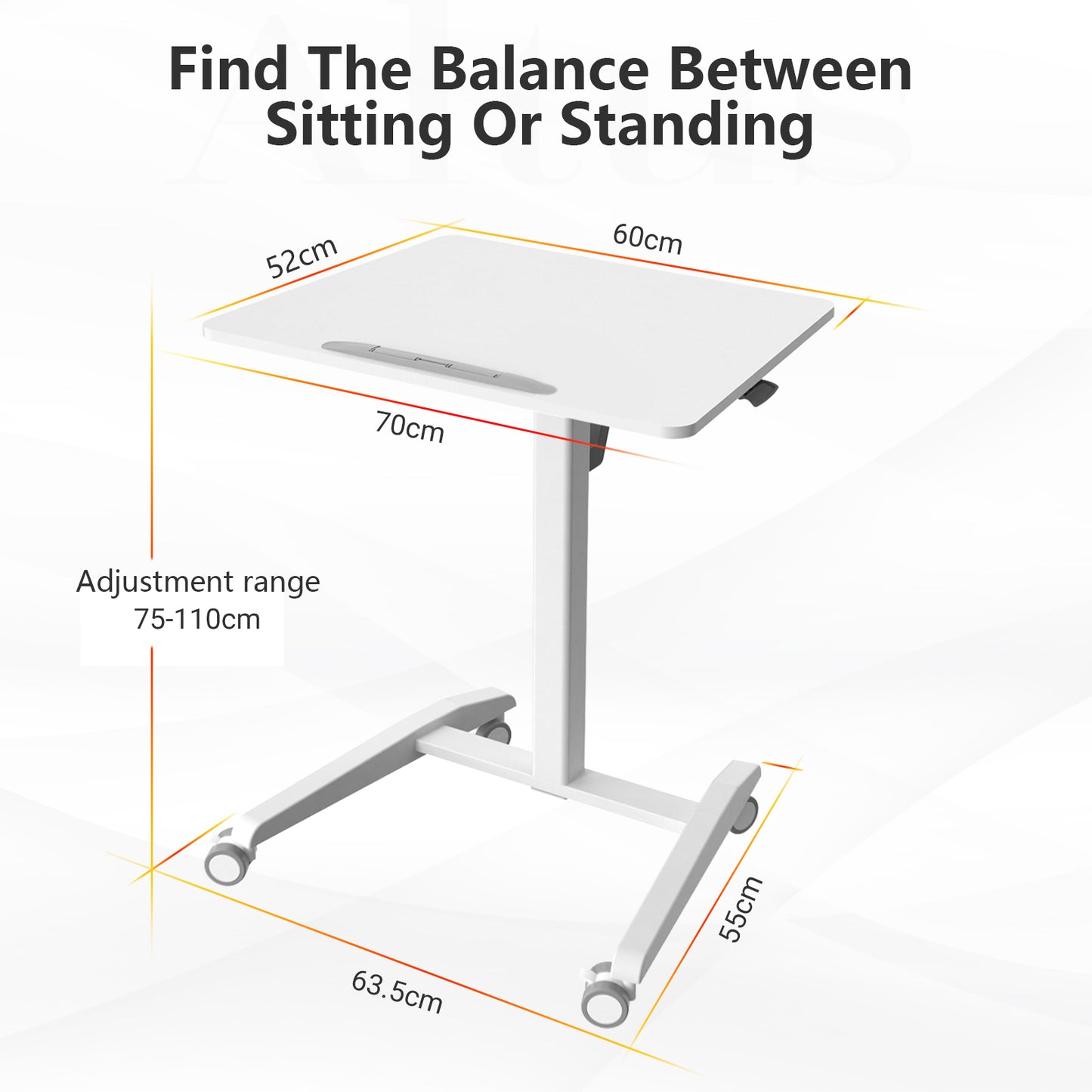 Altus Premium Sit-Stand Desk: 70x52 cm surface, 55x63.5 cm base, height adjustable from 71.5-110 cm.
