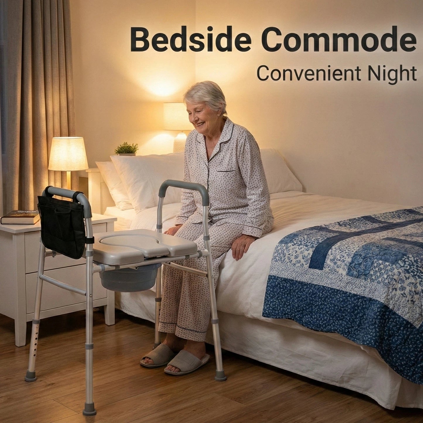 Woman using a bedside commode in a bedroom setting