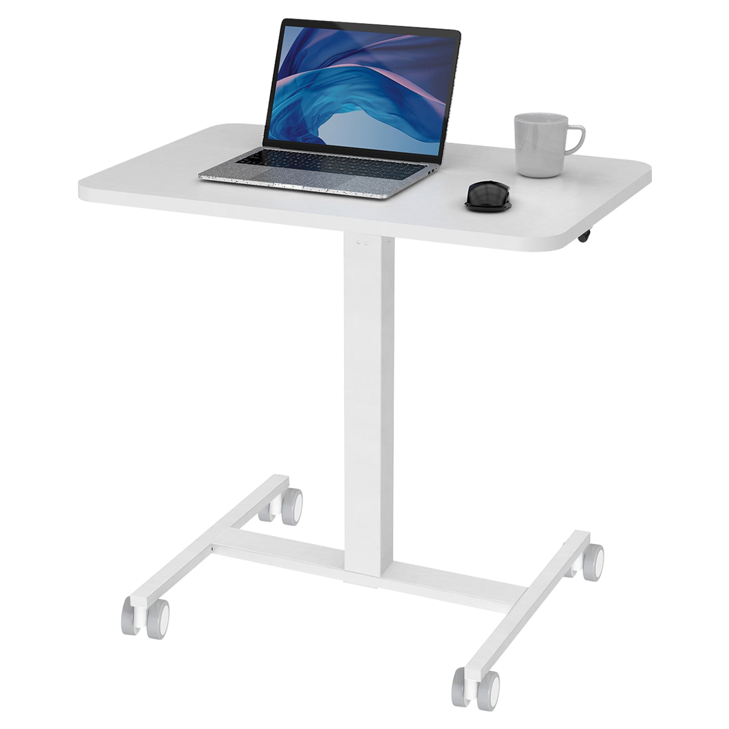 This is a White Altus Height Adjustable Mobile Desk with wheels for easy movement. It has a spacious top for a laptop, cup, and mouse, perfect for flexible work.