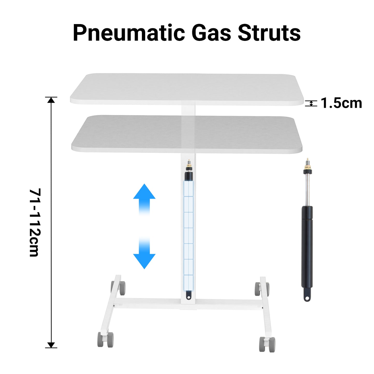 Diagram showing the pneumatic gas struts of a mobile desk, illustrating the adjustable height mechanism and components.
