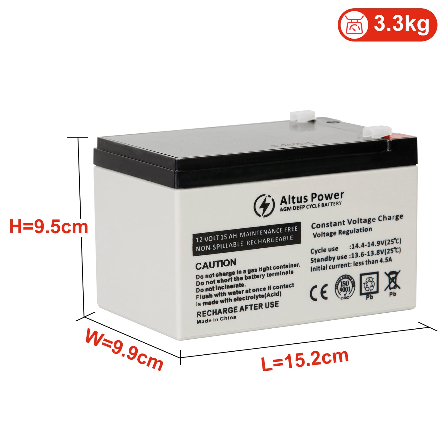 A detailed front view of an Altus 12V 15Ah AGM battery highlighting its dimensions and weight, including labels for height, width, and length.