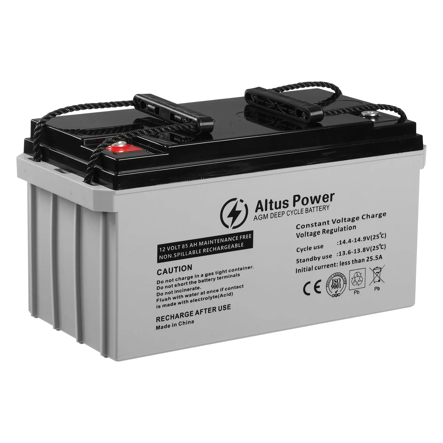 Basic Product Image - A plain image of the Altus 12V 85ah AGM Deep Cycle Battery highlighting its black and white casing and the branded labeling.