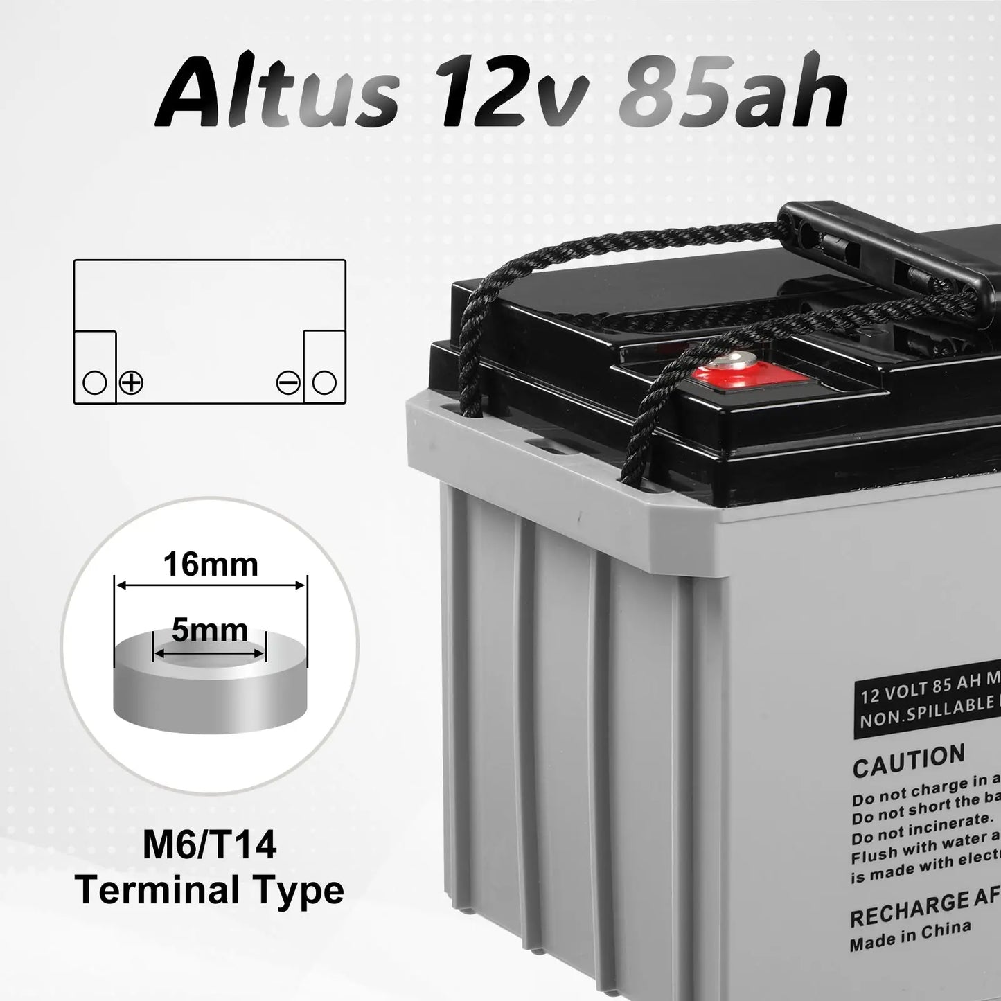 Technical Specification Image - an informative graphic of the Altus 12V 85ah AGM Battery. It highlights the M6/T14 terminal type with detailed visuals, including a close-up of the terminal and a schematic representation showing the layout of the positive and negative posts. Dimensions of the terminal are precisely labeled, indicating a diameter of 16mm and a height of 5mm. The battery itself is featured prominently, displaying its clean, maintenance-free design and safety warnings on its label.