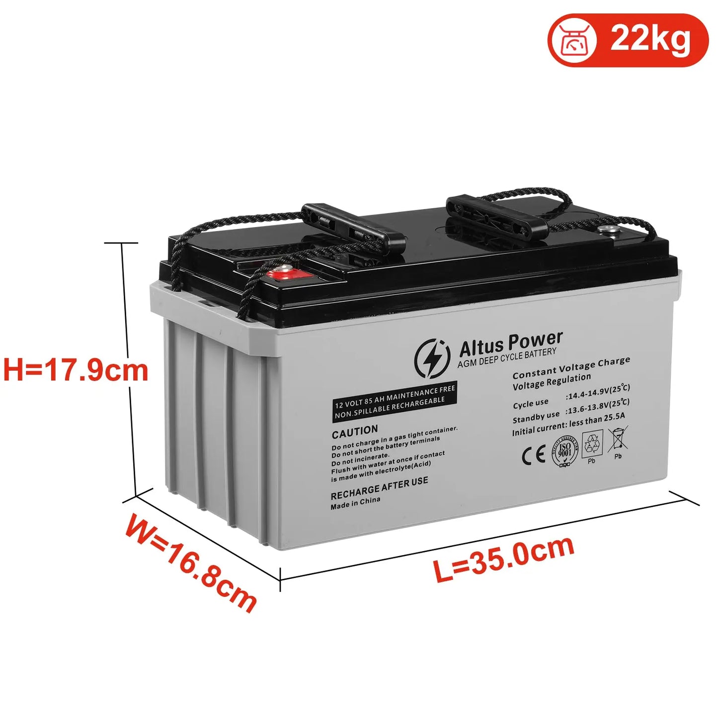 Dimensional Information Image - An image providing the dimensions and weight of the Altus 12V 85ah AGM Battery, with height, width, and length clearly labeled.