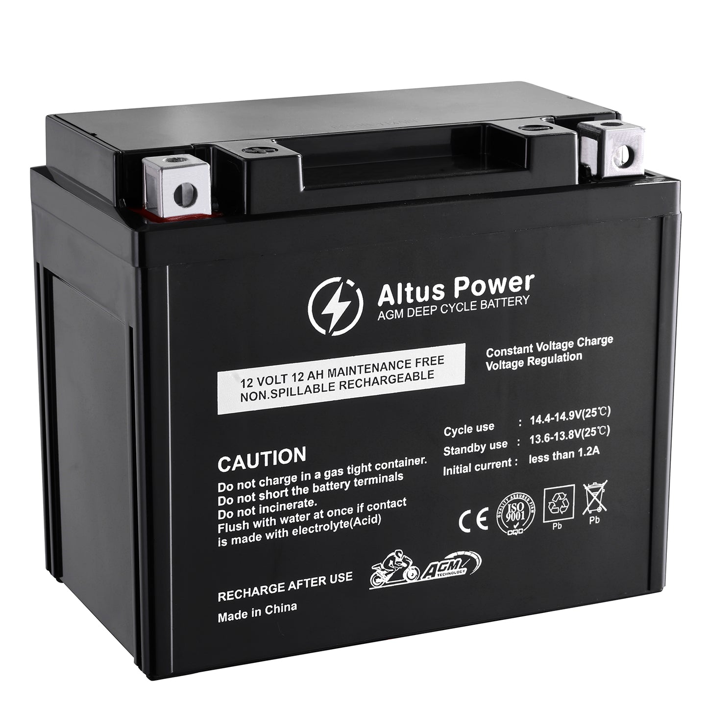 This is an Altus Motorcycle AGM Battery. It's 12 - volt and 12AH, maintenance - free and non - spillable, with key safety warnings on the surface.