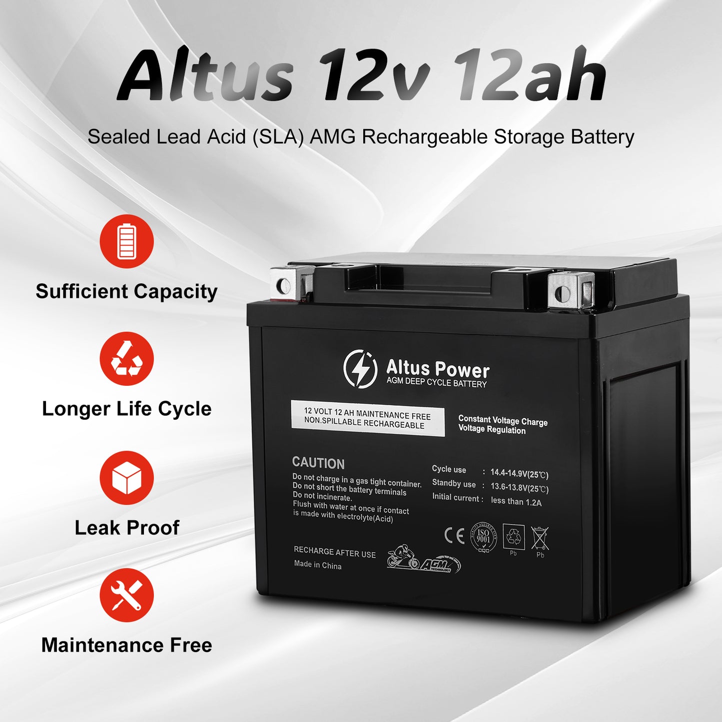 Here's the Altus 12v 12ah motorcycle battery. A sealed lead - acid (SLA) AGM rechargeable type, boasting features like sufficient capacity and a long life cycle.