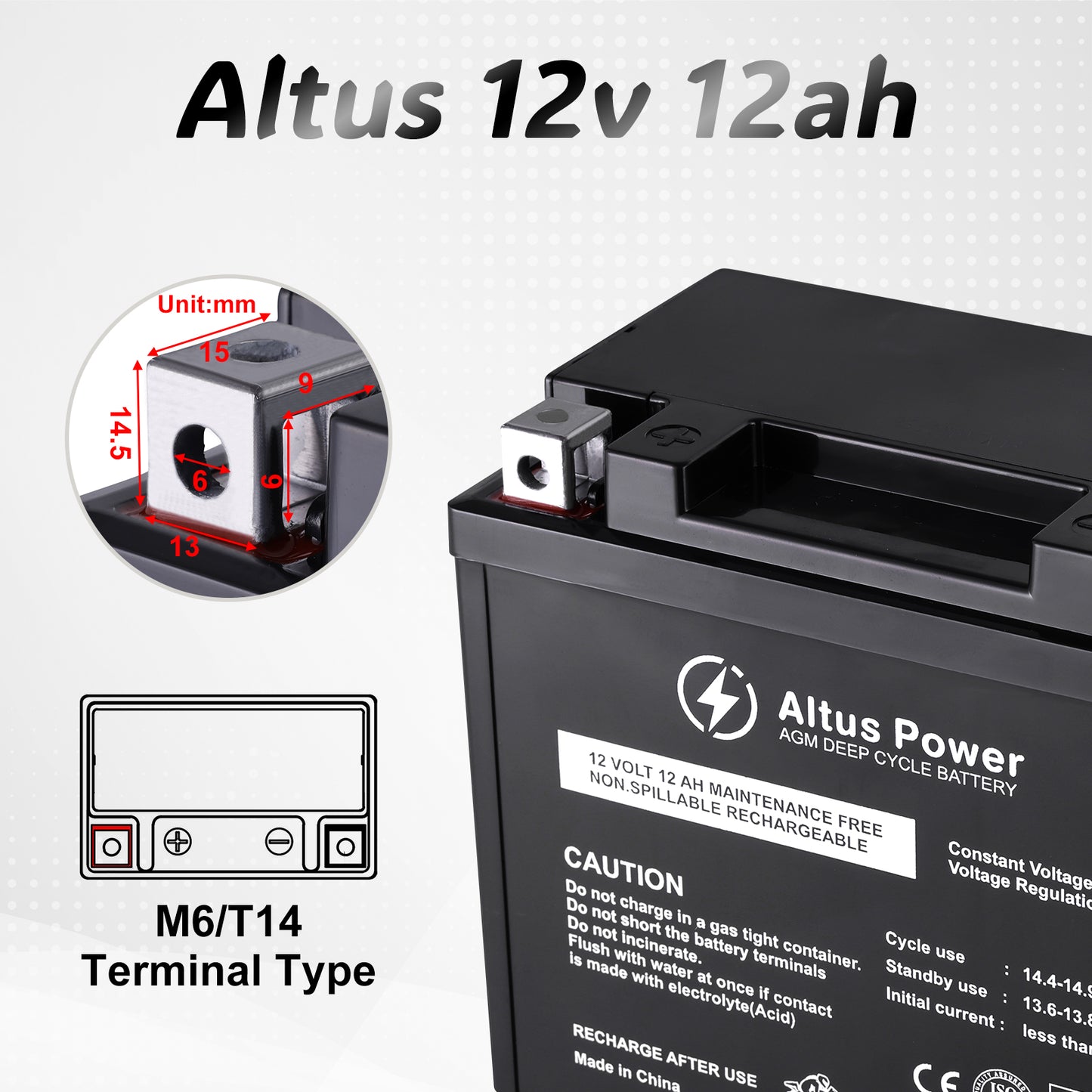 Focusing on the terminal of the Altus 12v 12ah battery, it's of M6/T14 type, with detailed dimensions provided for easy installation.