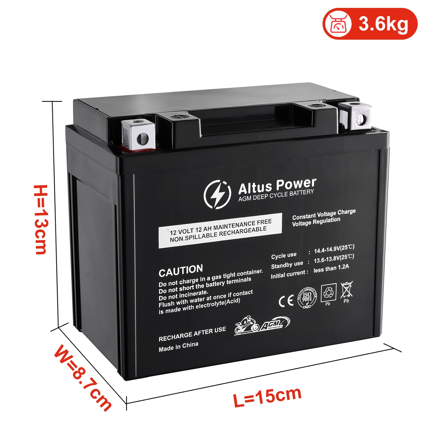 This image shows the physical dimensions of the Altus Power battery, measuring L = 15cm, W = 8.7cm, H = 13cm, and weighing 3.6kg.