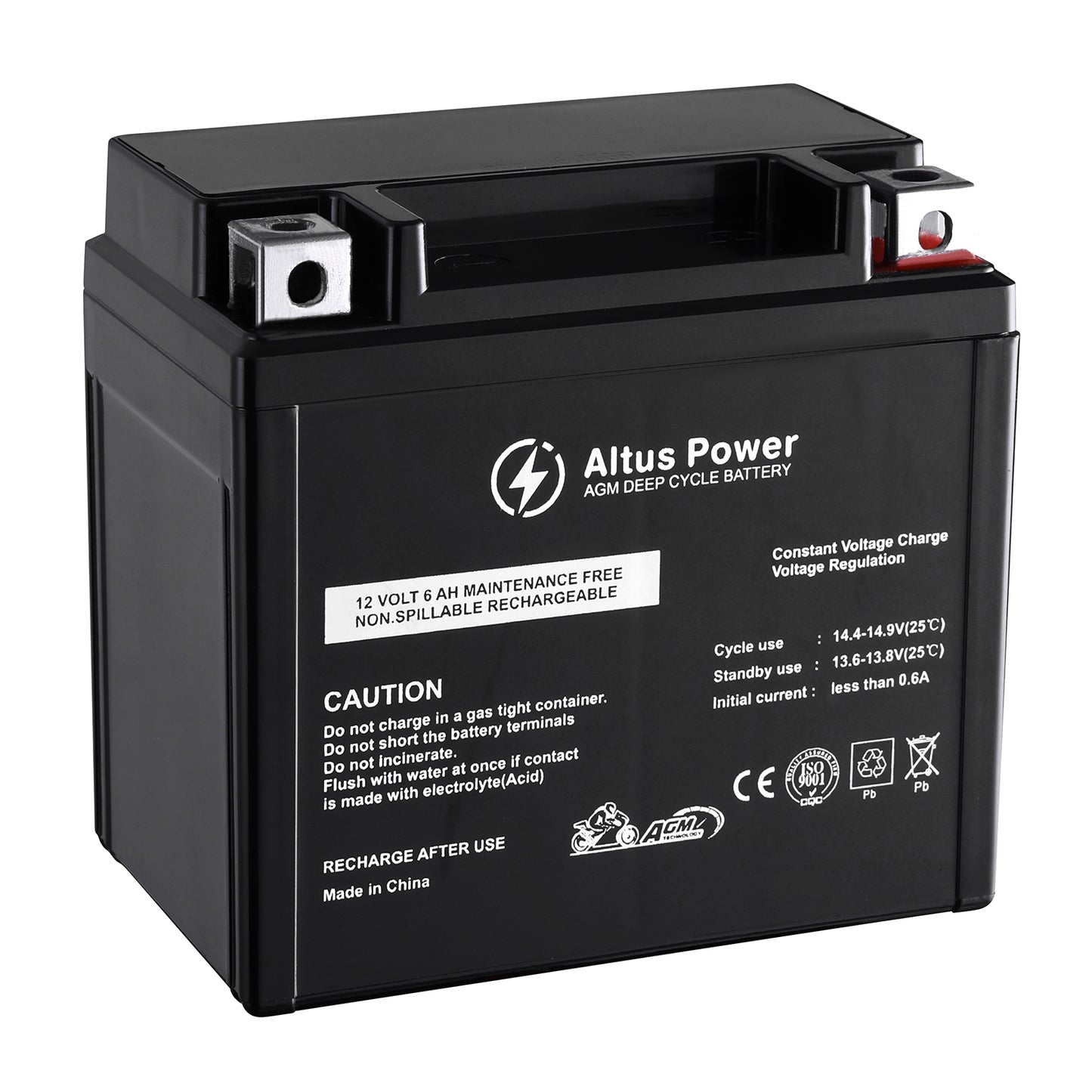 This is an Altus Motorcycle AGM Battery. It's 12 - volt and 6AH, maintenance - free and non - spillable, with key safety warnings on the surface.