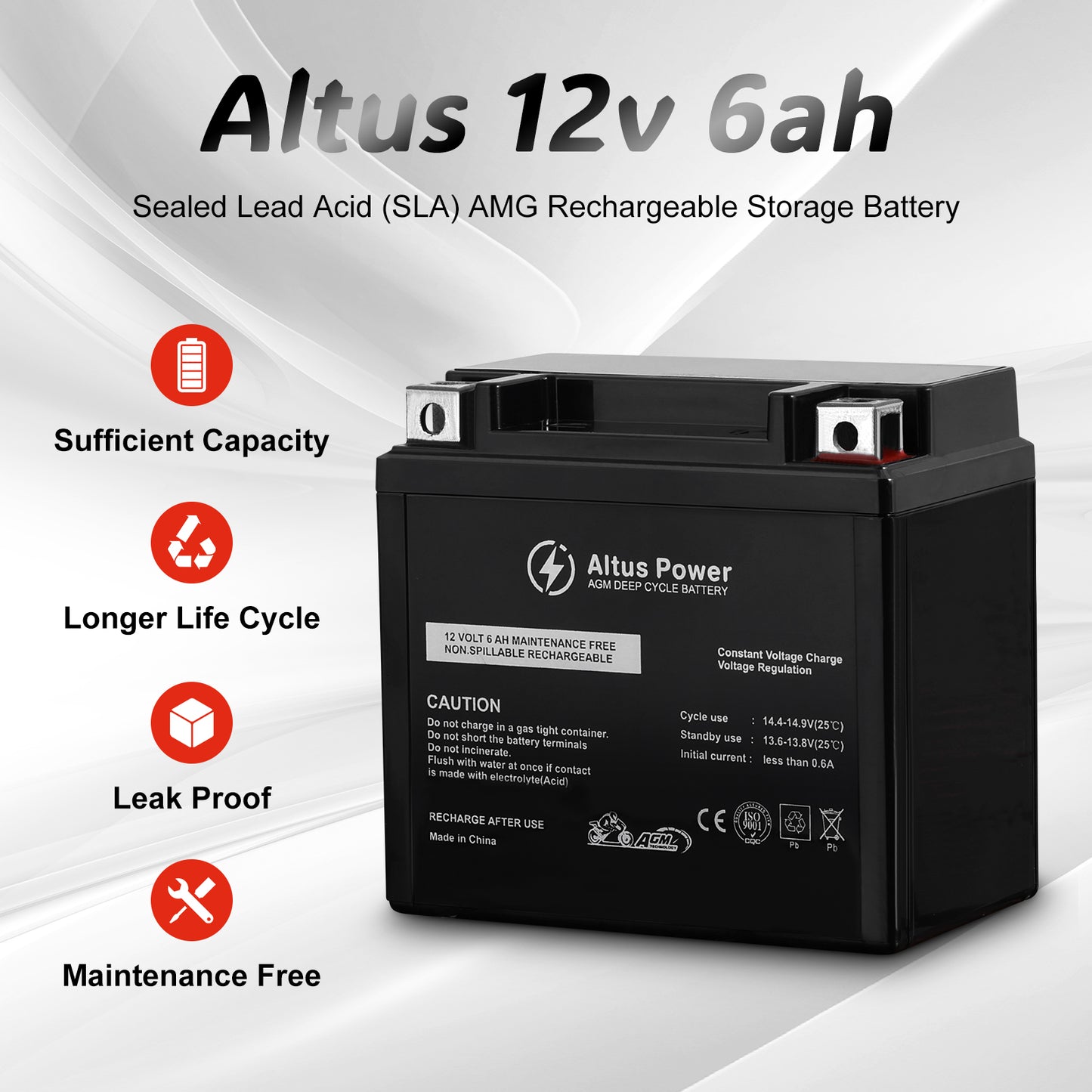 Here's the Altus 12v 6ah motorcycle battery. A sealed lead - acid (SLA) AGM rechargeable type, boasting features like sufficient capacity and a long life cycle.