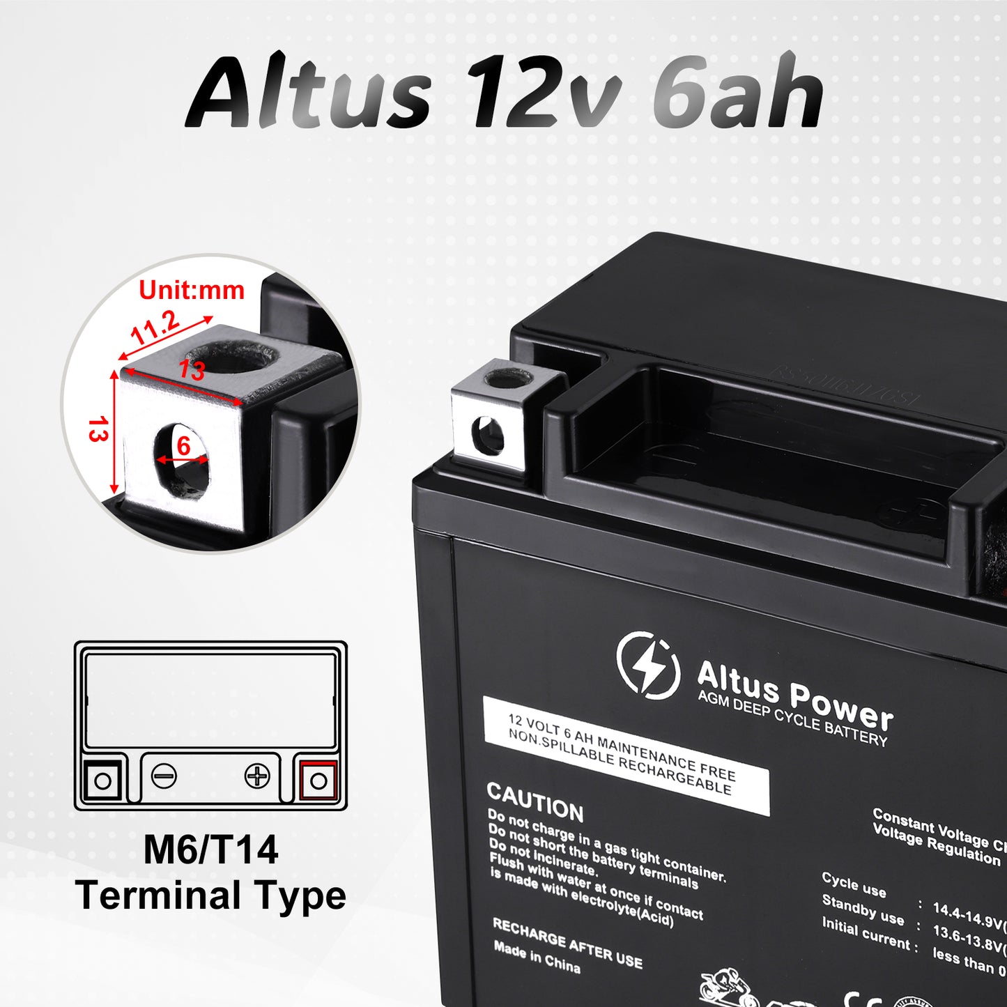 Focusing on the terminal of the Altus 12v 6ah battery, it's of M6/T14 type, with detailed dimensions provided for easy installation.