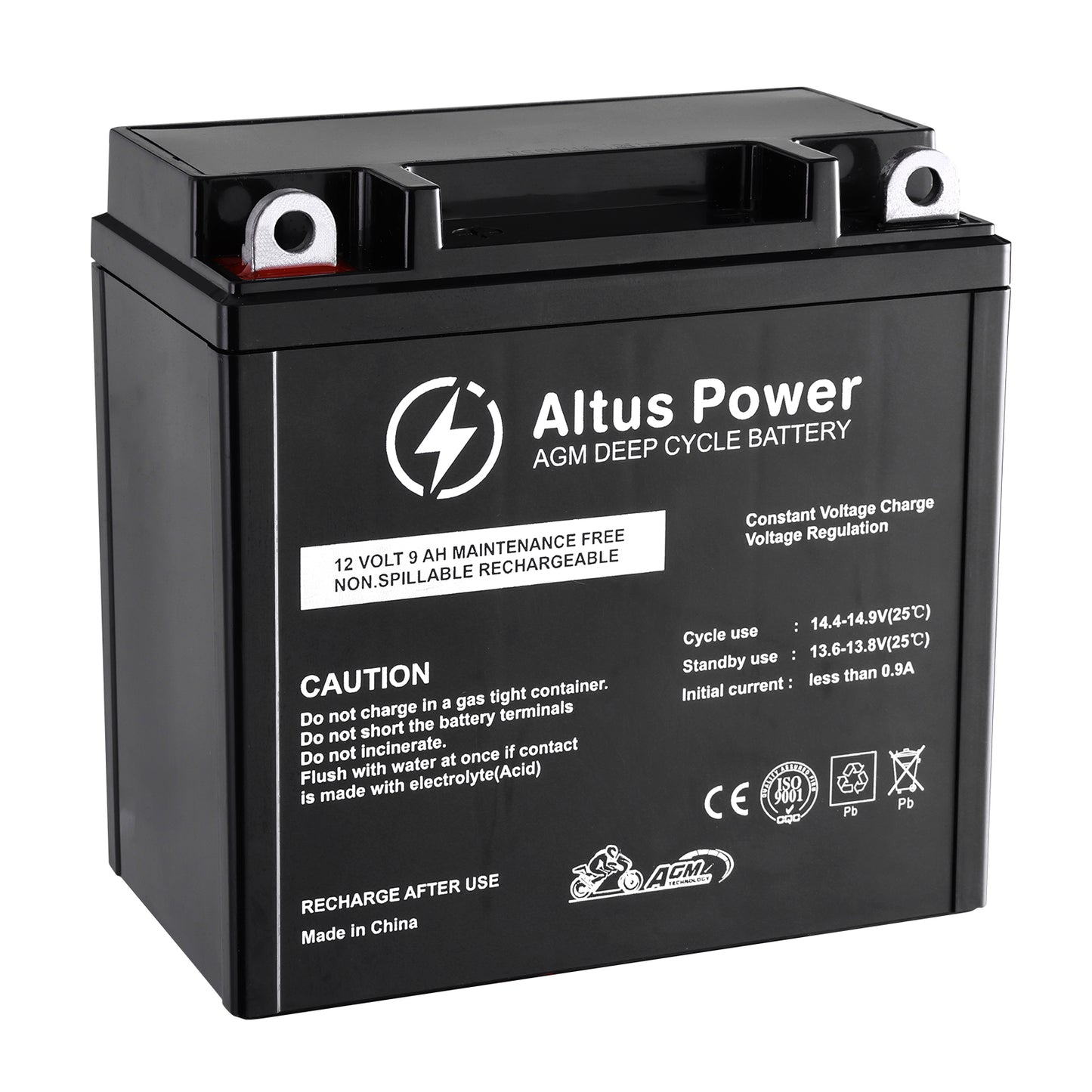 This is an Altus Motorcycle AGM Battery. It's 12 - volt and 9AH, maintenance - free and non - spillable, with key safety warnings on the surface.