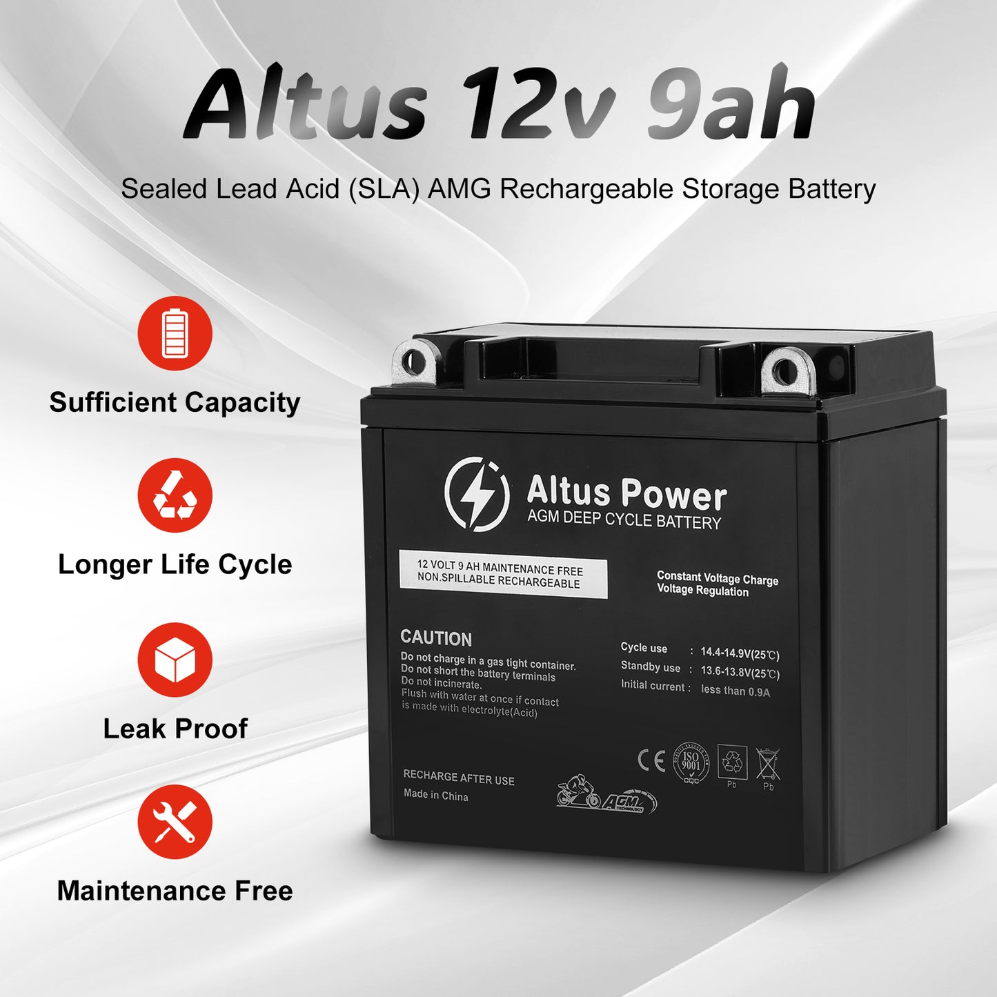 Here's the Altus 12v 9ah motorcycle battery. A sealed lead - acid (SLA) AGM rechargeable type, boasting features like sufficient capacity and a long life cycle.