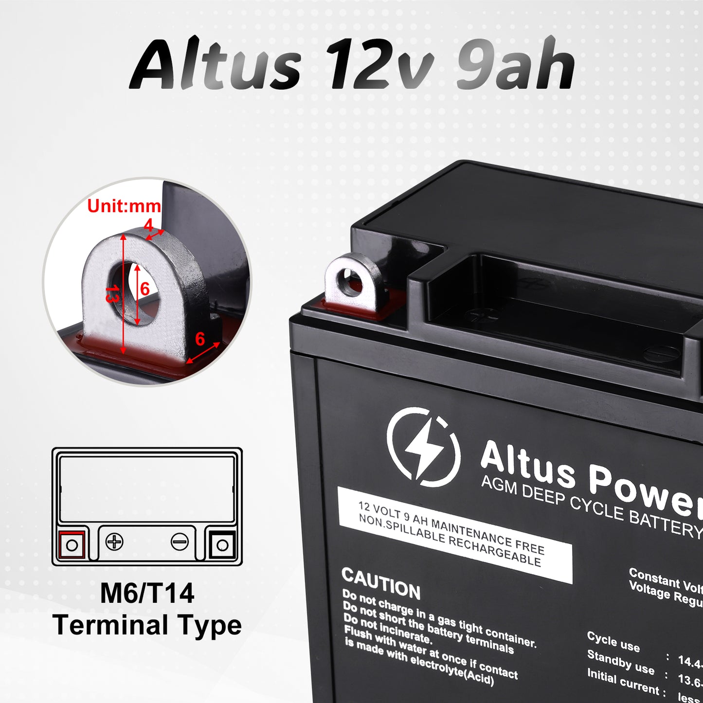 Focusing on the terminal of the Altus 12v 9ah battery, it's of M6/T14 type, with detailed dimensions provided for easy installation.