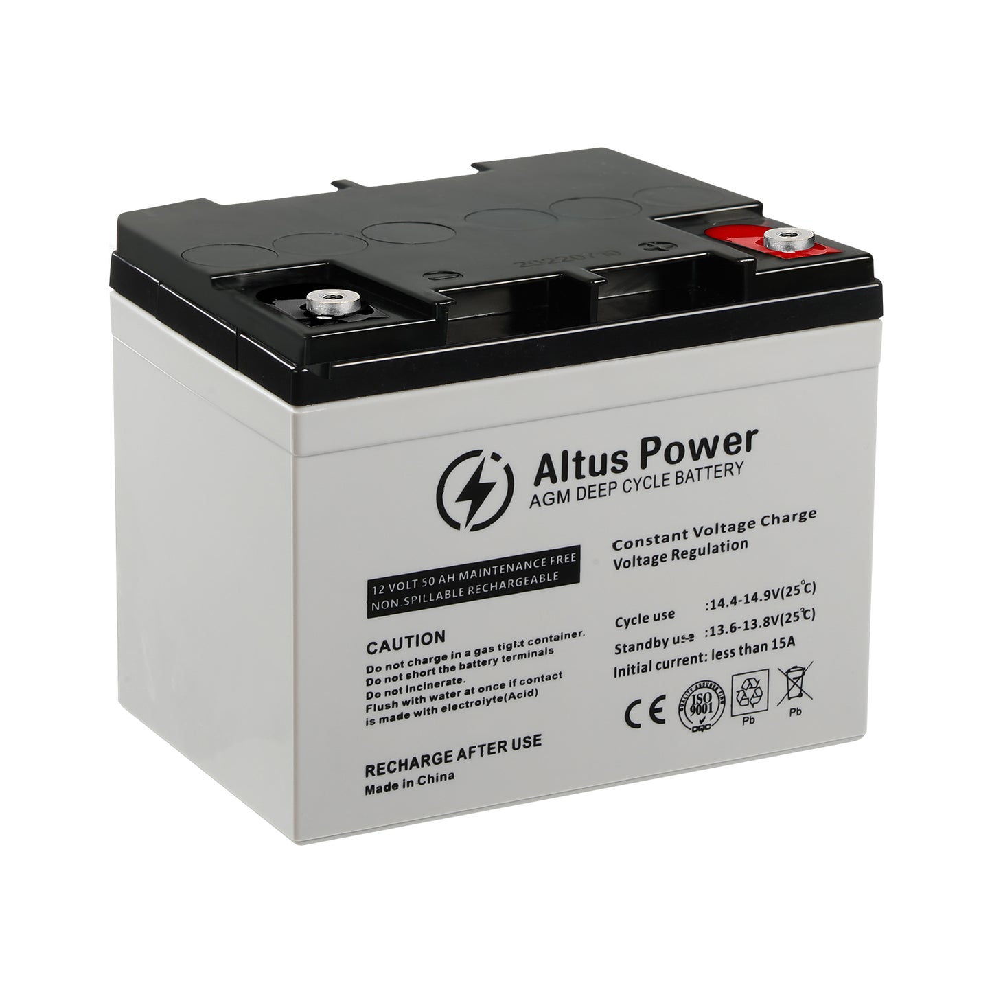Basic Product Image - A plain image of the Altus 12V 50ah AGM Deep Cycle Battery highlighting its black and white casing and the branded labeling.