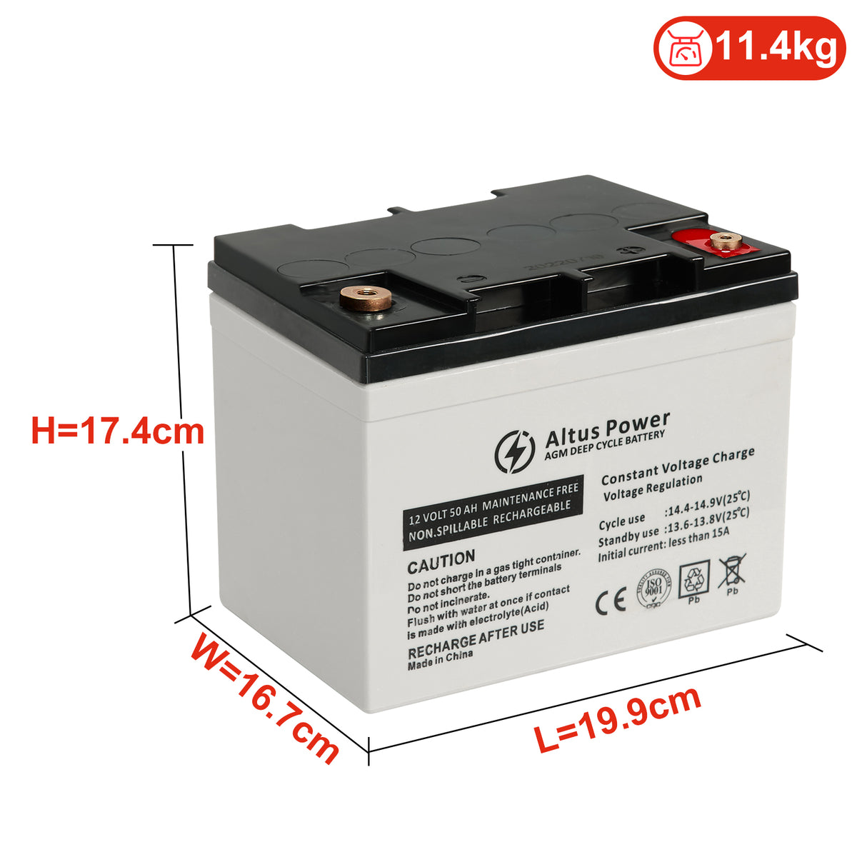 Alitus Power battery with dimensions and weight label on a white background