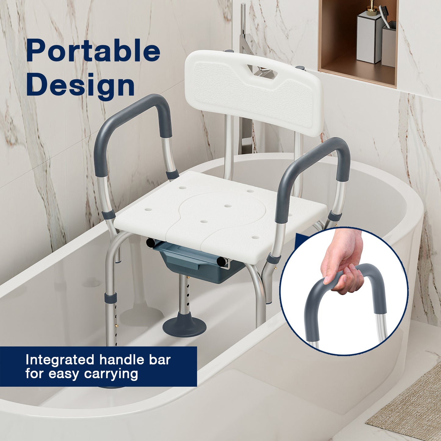 Portable shower chair with integrated handle bar in a bathroom setting