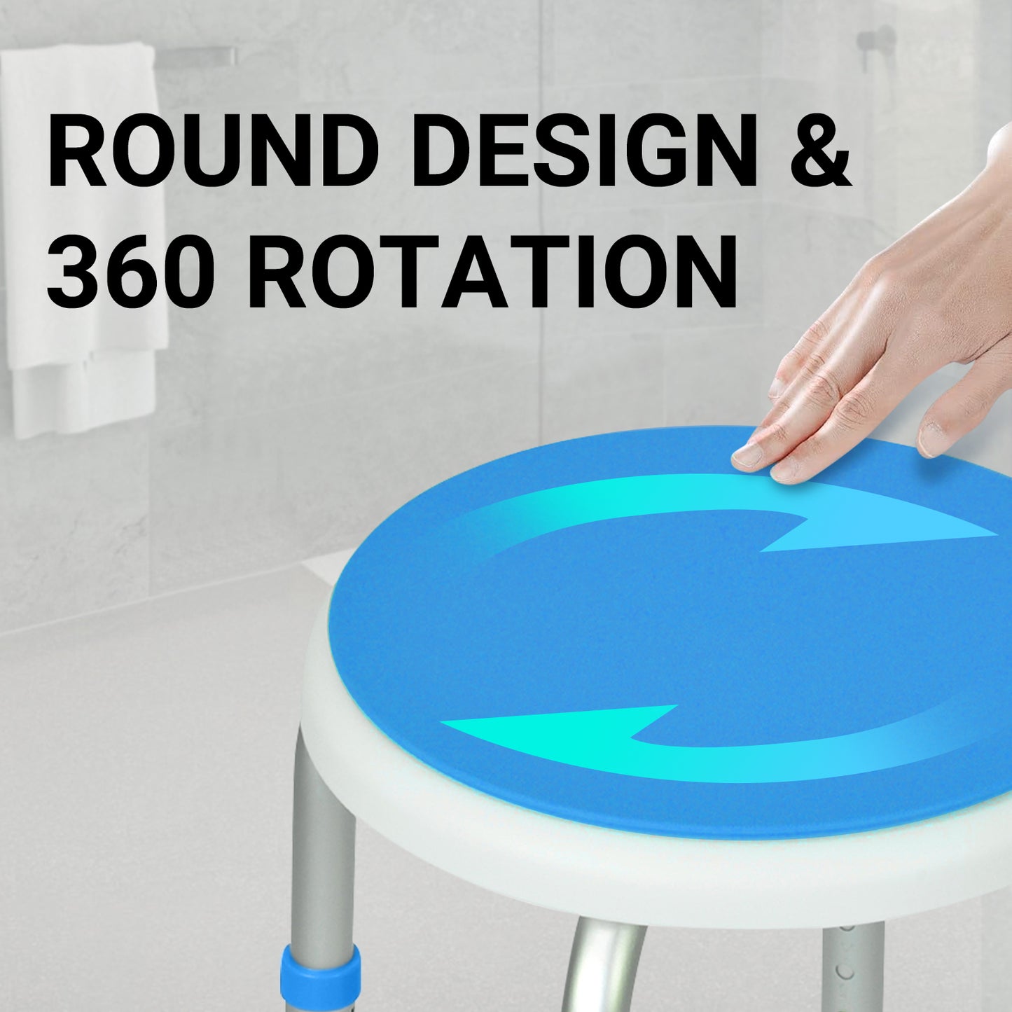 The seat features a circular top that can rotate 360 degrees, allowing users to turn easily while seated, enhancing convenience during use.