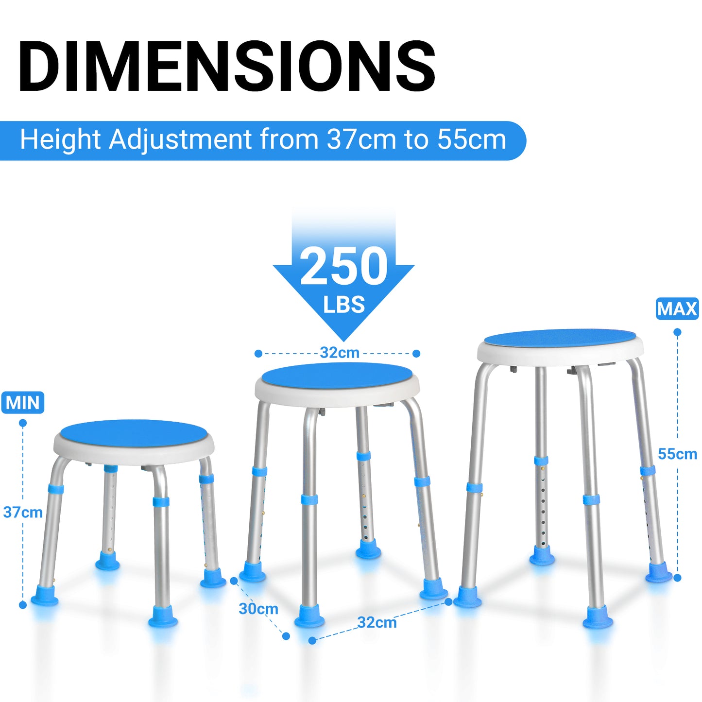 The image shows the size details of the shower seat. It has an adjustable height range and can bear a certain weight, providing practical sizing information.