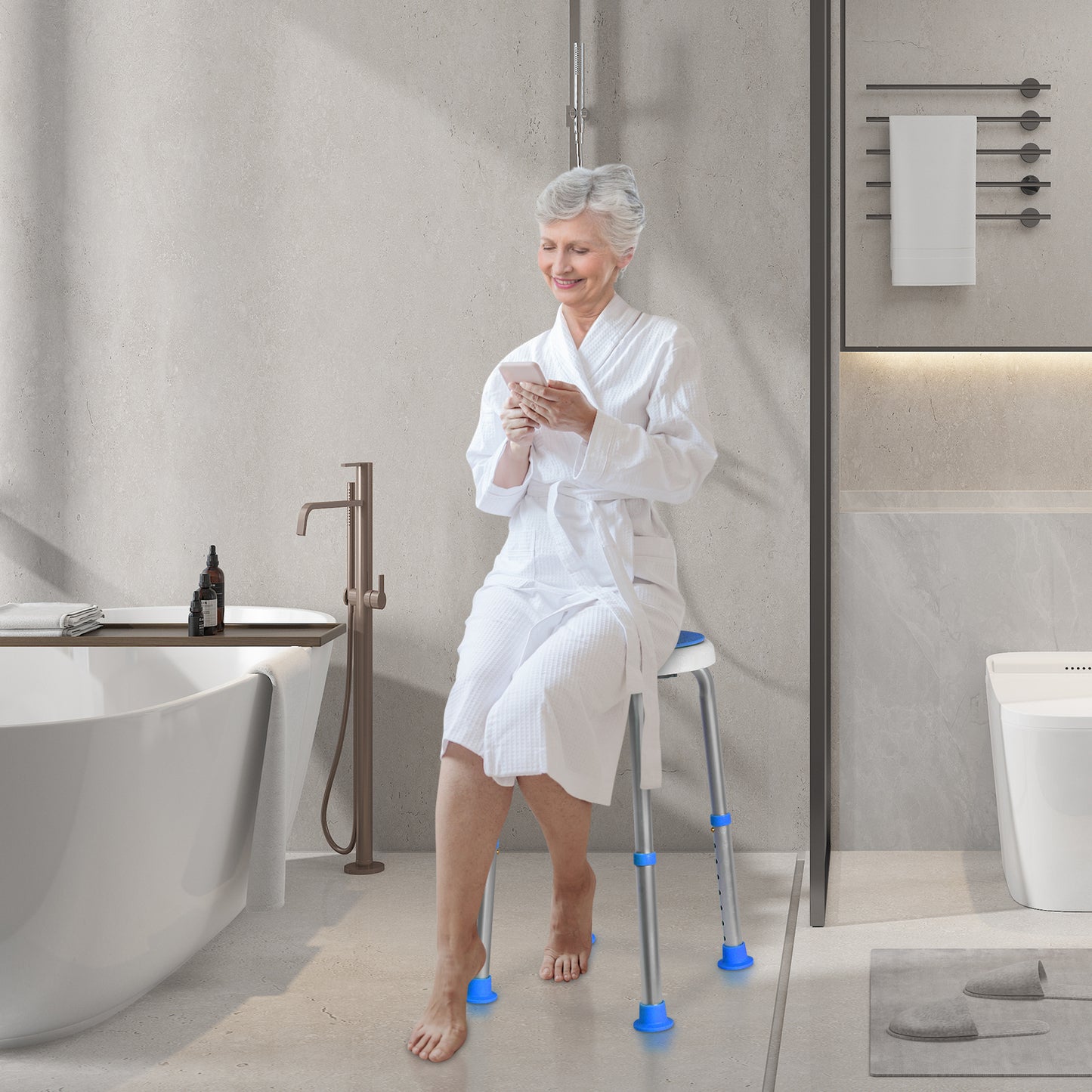 A shower stool with blue seat and swivel functionality, displayed in a modern bathroom setting to highlight its usefulness for elderly users.