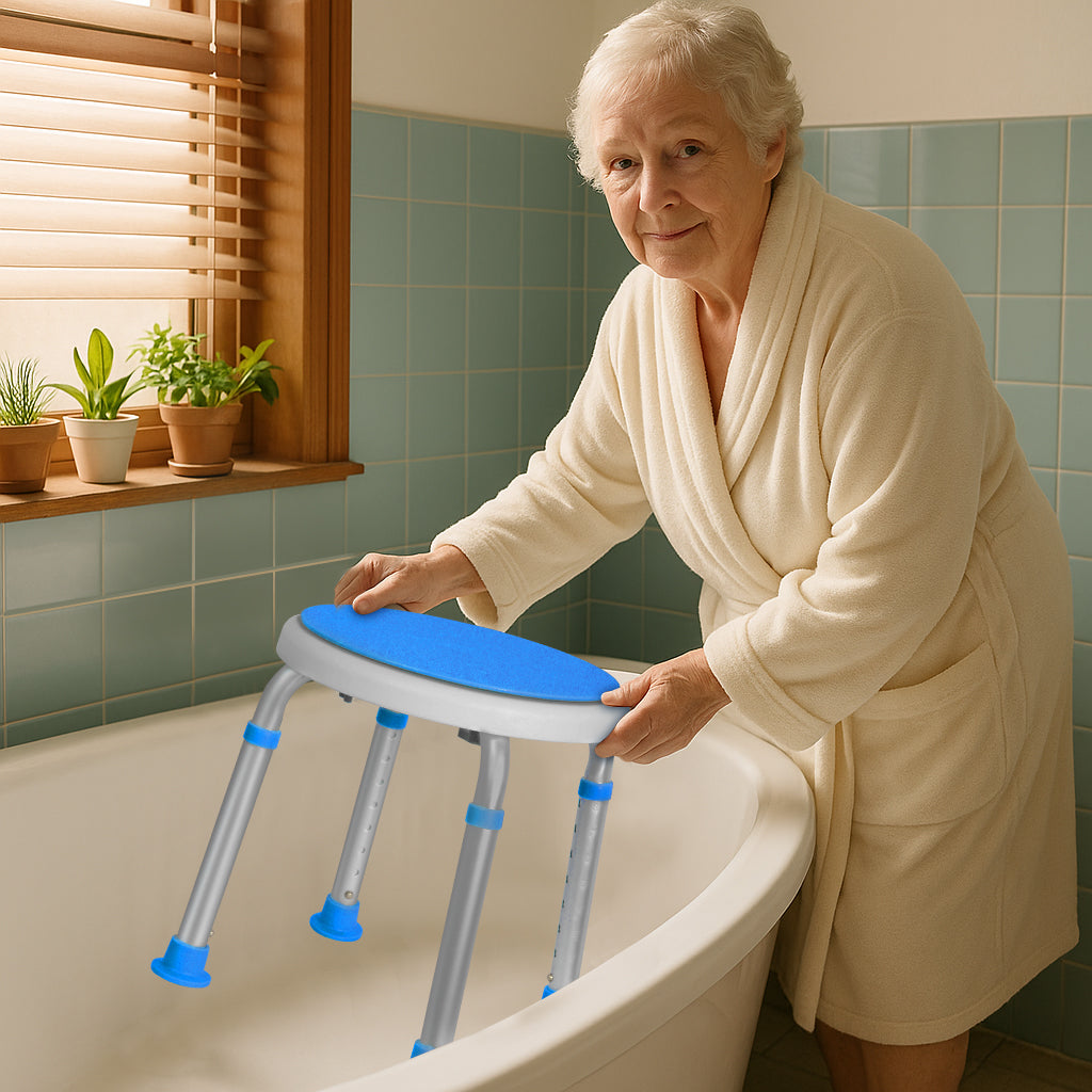 An elderly woman placing the shower seat into a bathtub, highlighting its practical use.