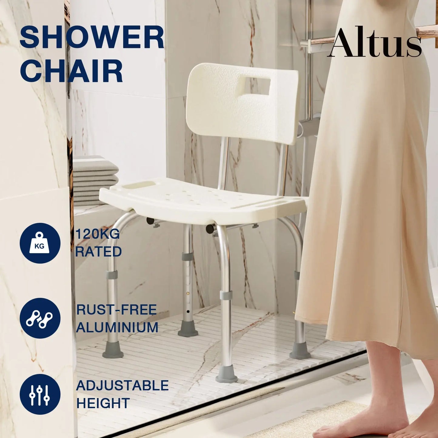 Shower Chair in Use: This image shows the shower chair positioned in a bathroom setting, highlighting its practical use and accessibility features.