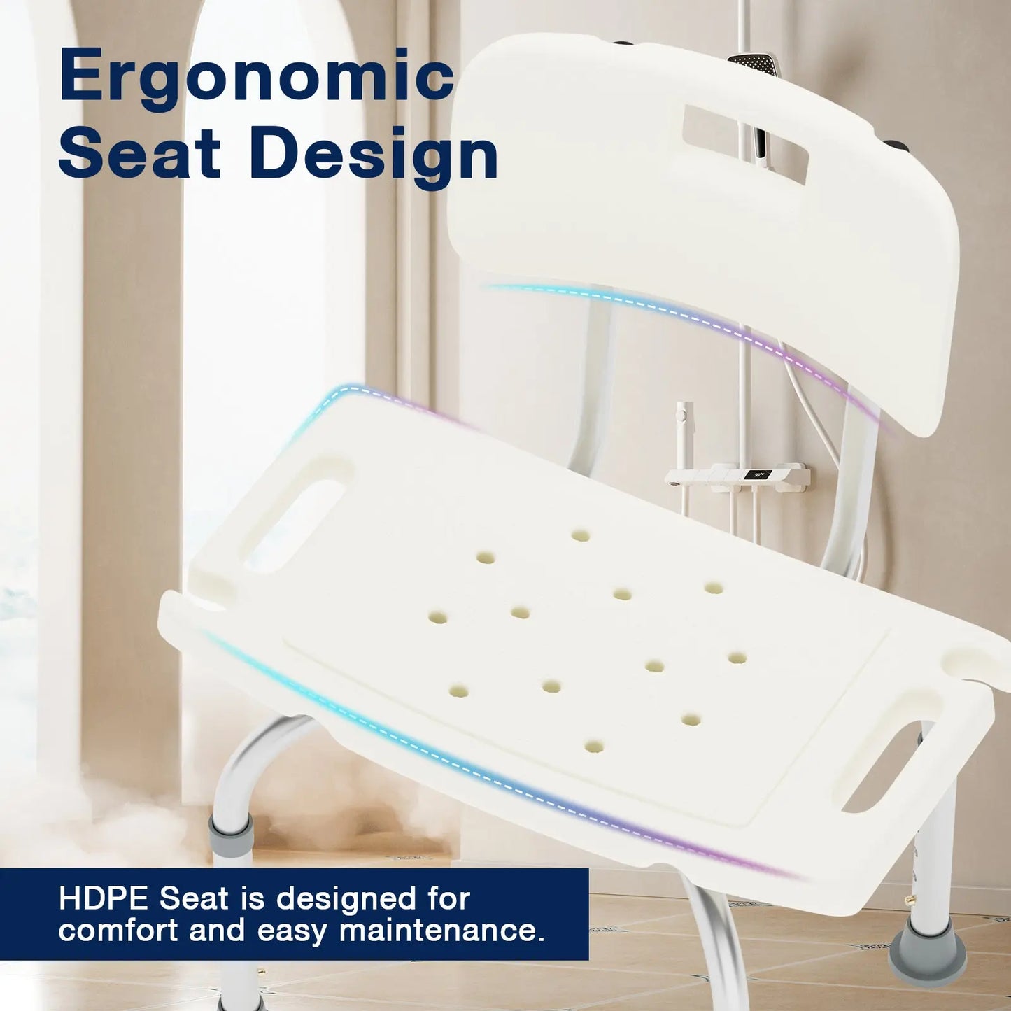 Ergonomic Seat Design: Image detailing the ergonomic design of a shower chair's seat, focusing on comfort and maintenance ease, with highlighted areas for easy understanding.