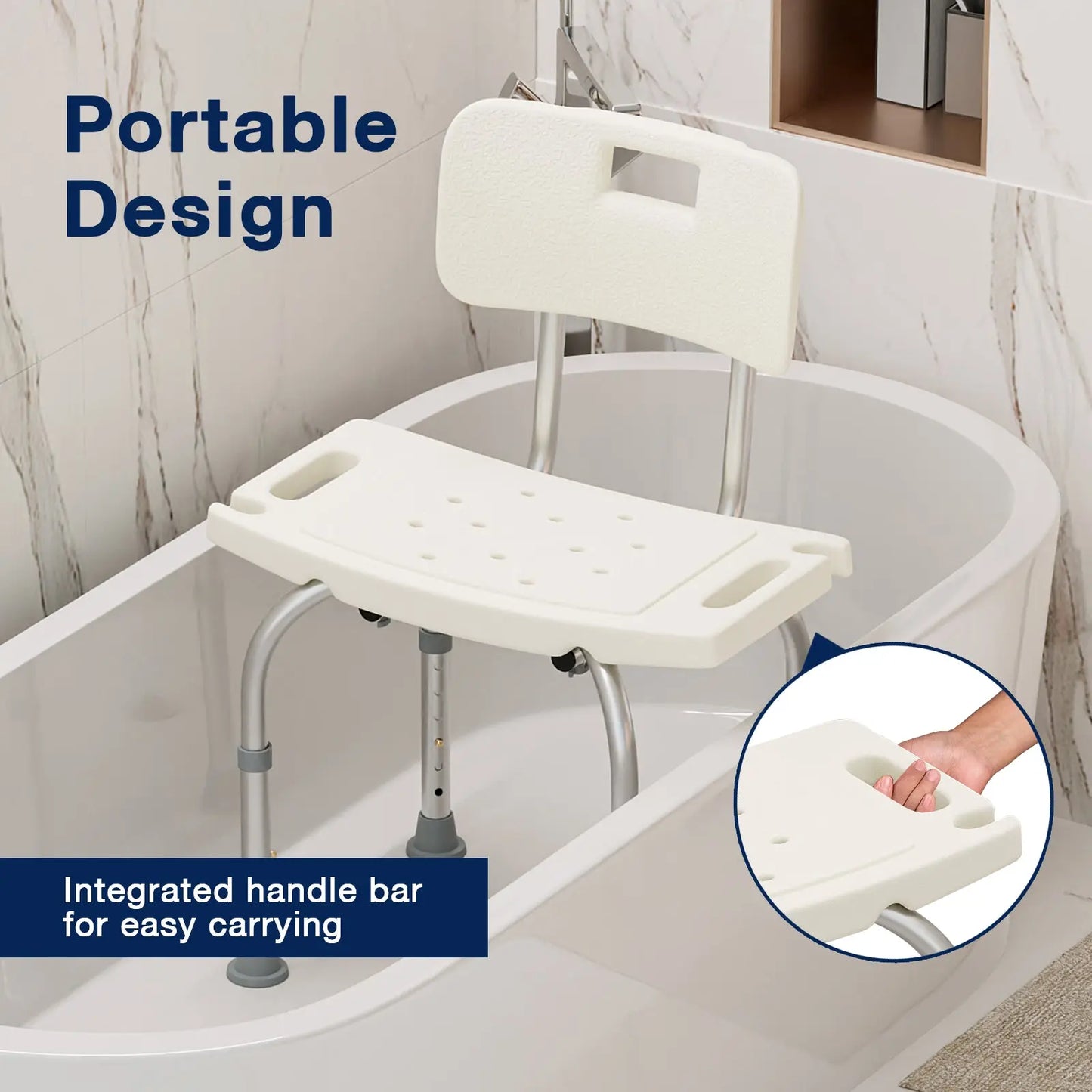Portable Shower Chair: An image showcasing the portability of the shower chair, emphasizing the integrated handle bar for easy carrying.