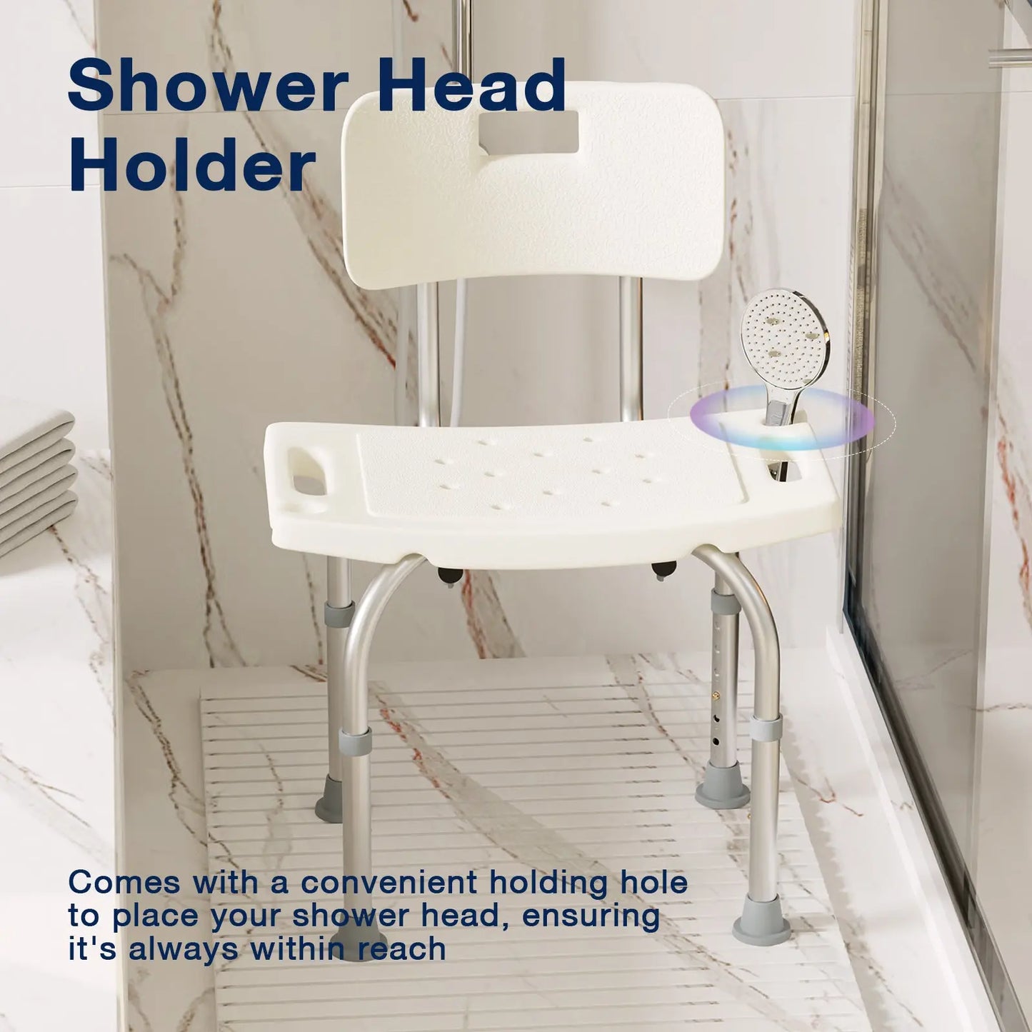 Shower Head Holder Feature: Image of the shower chair with a special feature - a convenient hole for placing a shower head, ensuring it is always within reach.