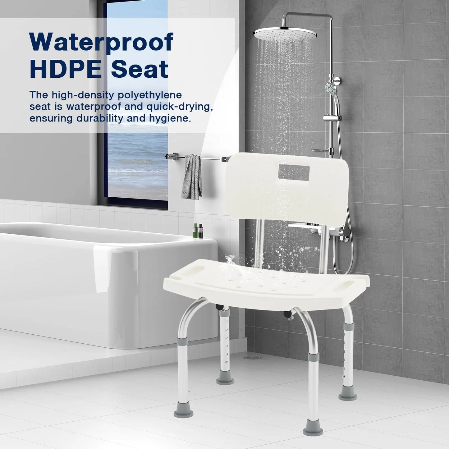 Full Setup in Shower: An image depicting the complete setup of the shower chair in a modern bathroom, showcasing its practicality and ease of use.