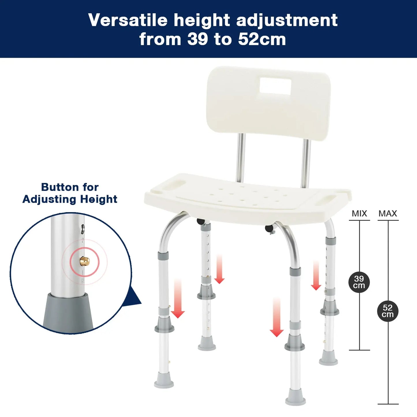 Adjustable Height Mechanism: This image illustrates the shower chair's adjustable height feature from 39 cm to 52 cm, with a focus on the adjustment button.
