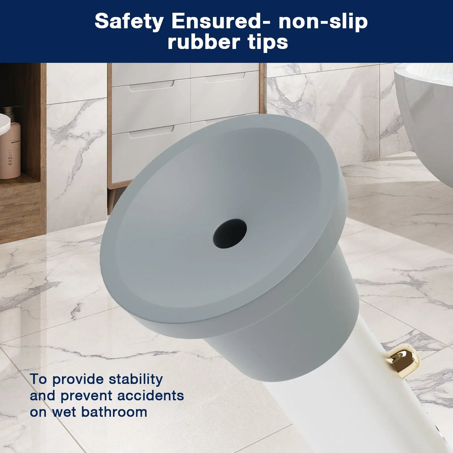 Non-slip Rubber Tips: Image zooming in on the non-slip rubber tips of the shower chair's legs, emphasizing safety on wet bathroom floors.