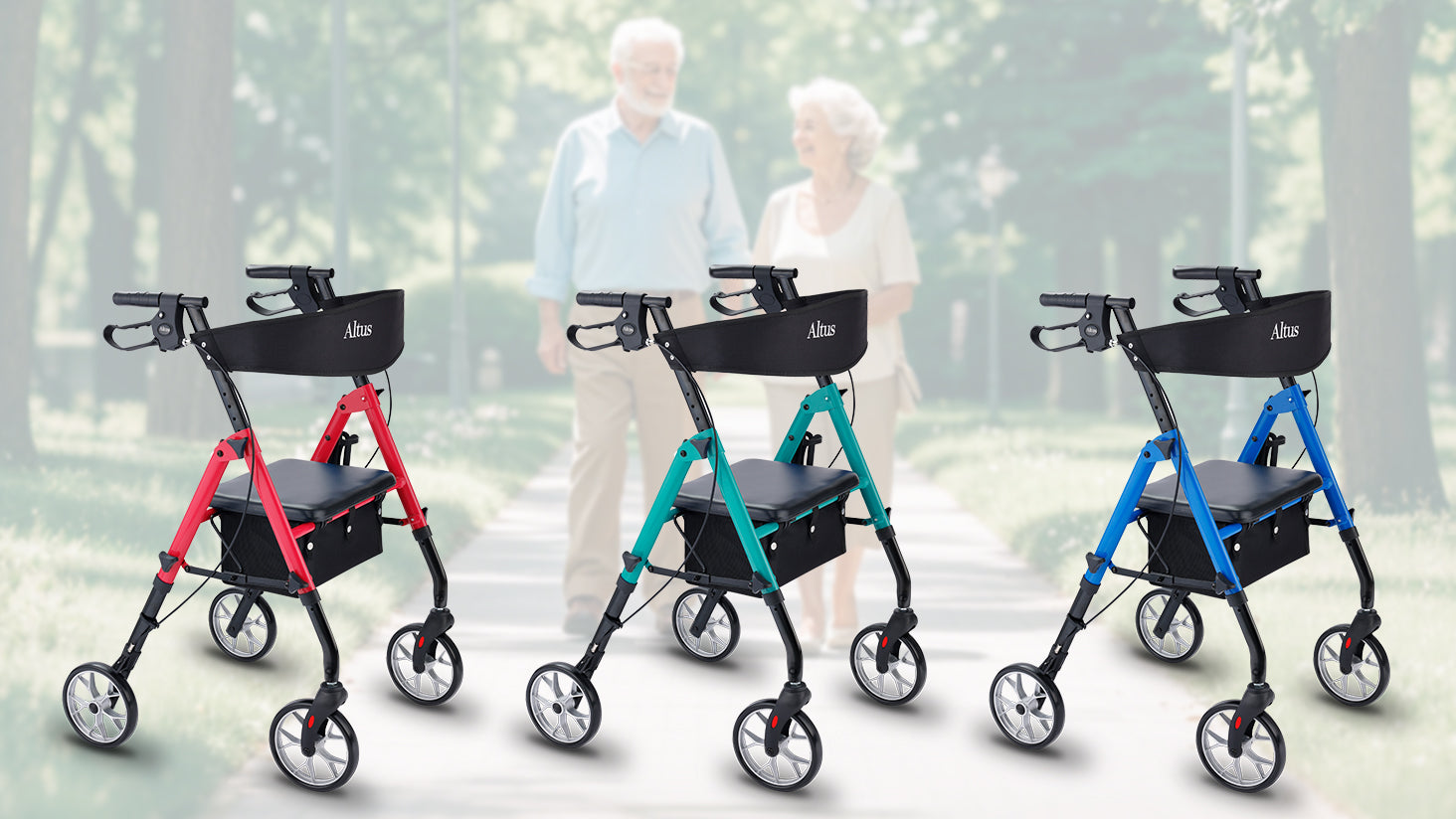 The Altus Classic 4-wheels Seat Walker Rollator is a blend of style and utility. Available in blue, red, and deep teal, it offers a pop of color. Ideal for those seeking comfort and mobility in an active life.