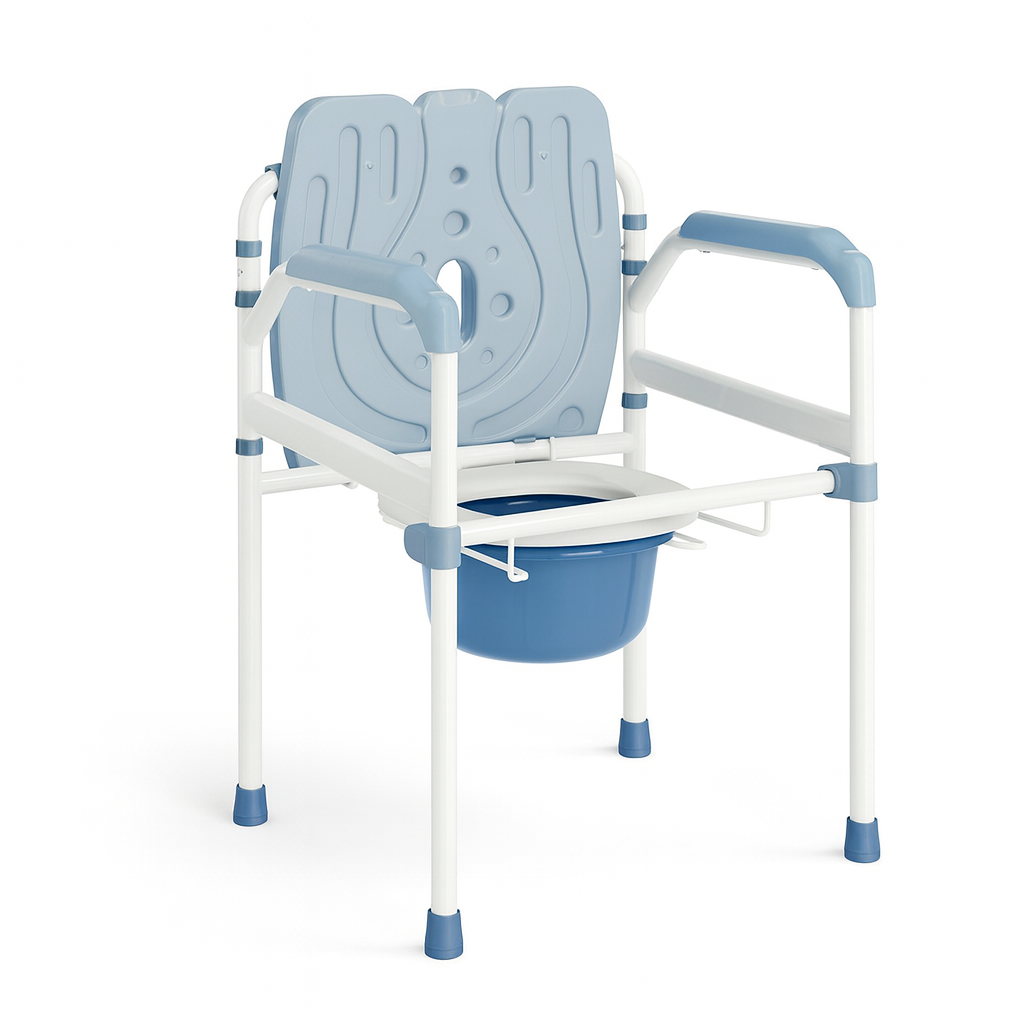 The Altus toilet commode for seniors features a reinforced steel tube frame with secure screw and clip connections, plus a padded non slip backrest for improved stability and comfort.