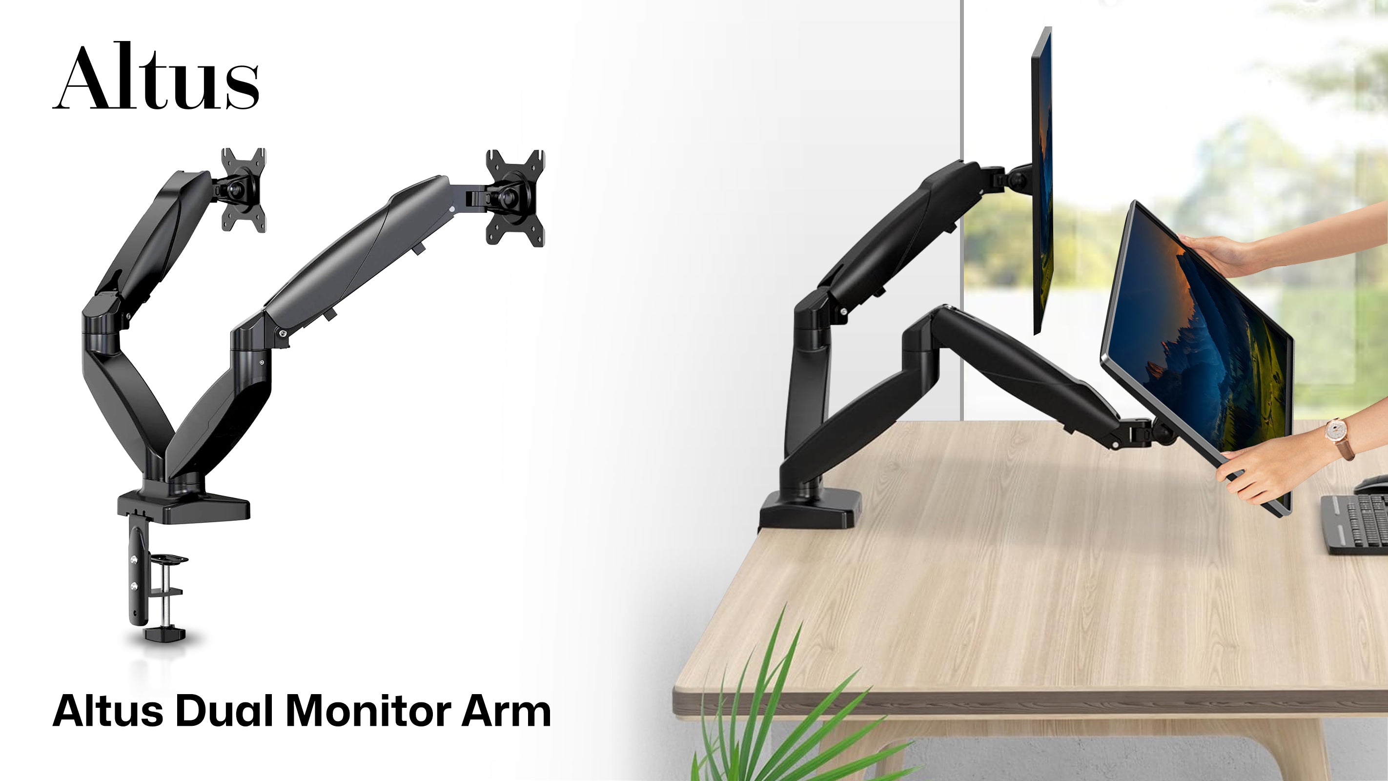 Adjustable Dual Monitor Arm: Dual monitor arm with height and reach adjustments, allowing flexible positioning.