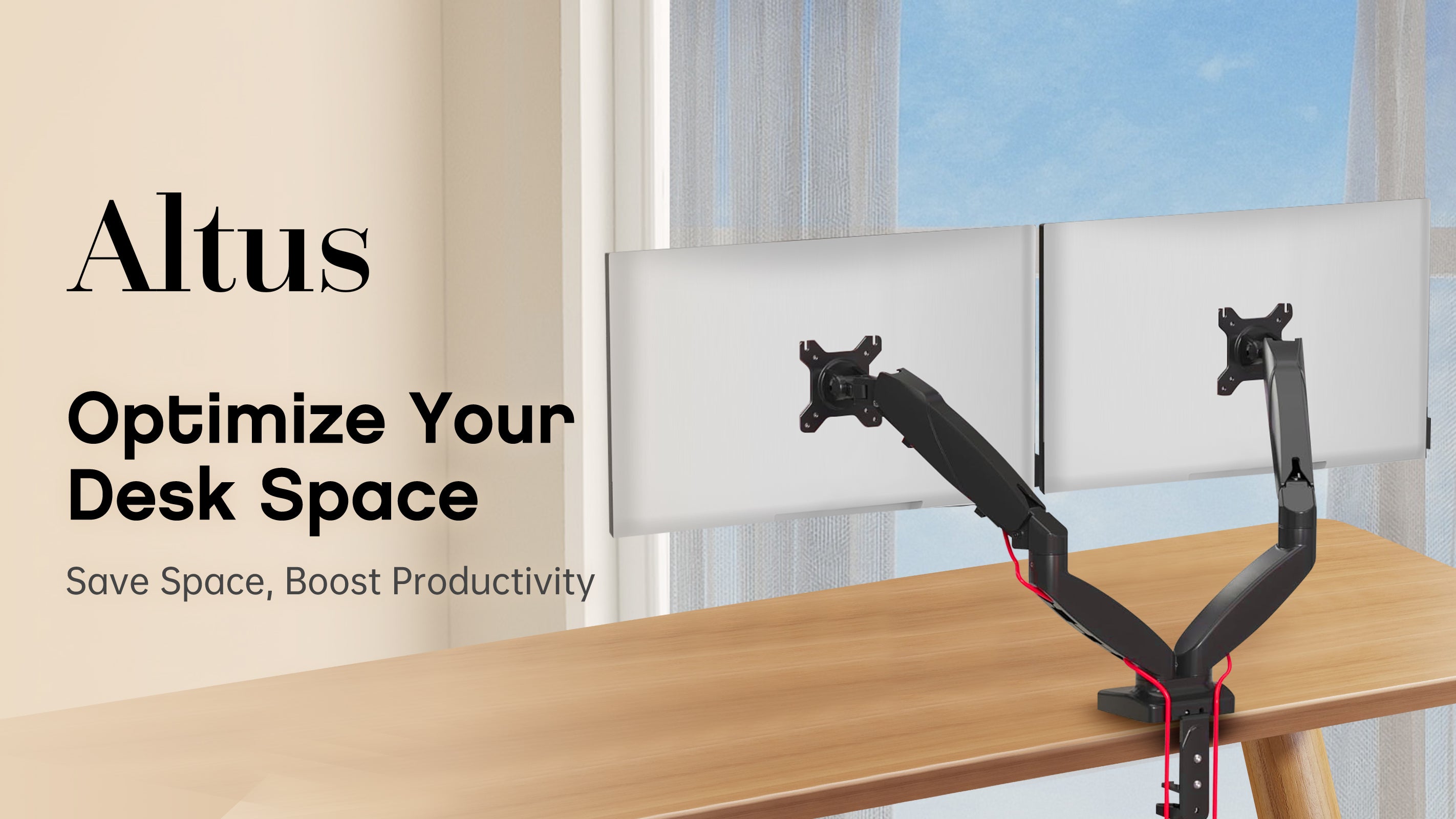 Cable Management: Dual monitor setup with cable management, keeping workspace organized and clutter-free.