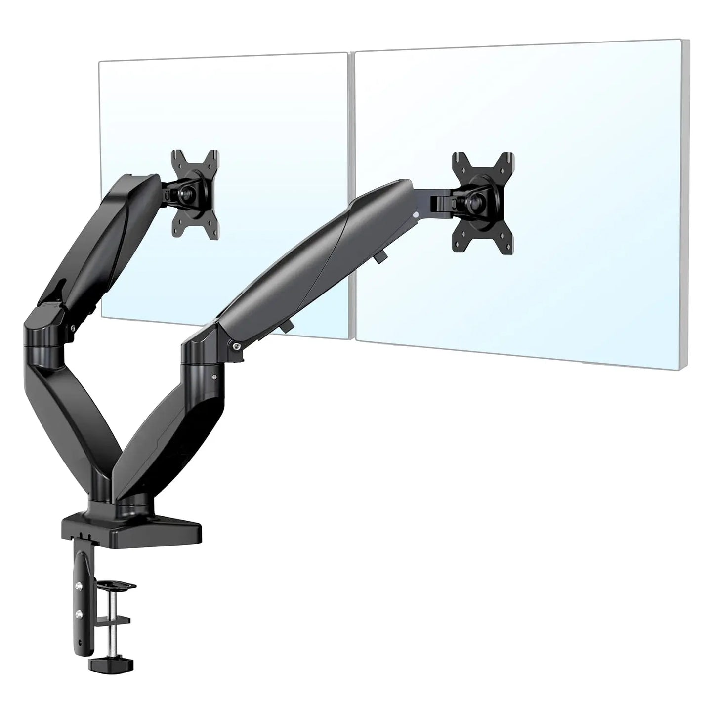 Dual Monitor Arm Mount: Dual monitor arm mount for side-by-side monitors, allowing height, angle, and distance adjustments. Clamped to desk edge for stability and space-saving.
