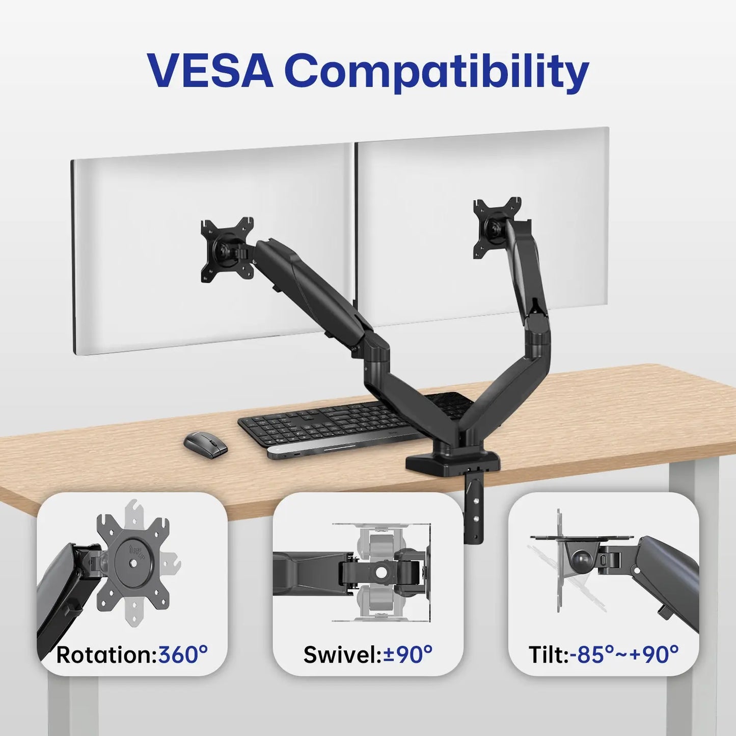 VESA Dual Monitor Arm: Dual monitor arm with VESA compatibility, offering 360° rotation, ±90° swivel, and -85° to +90° tilt for ergonomic workspace optimization.