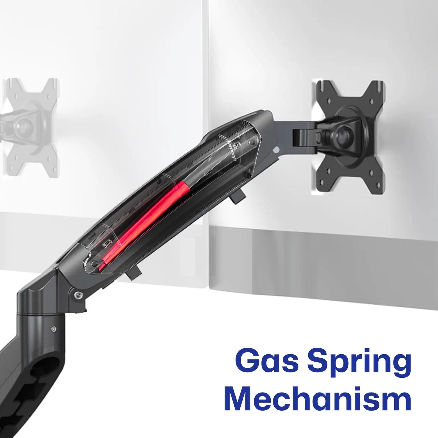 Gas Spring Mechanism: Adjustable arm with gas spring mechanism for smooth support, attached to a vertical surface with a VESA mount.