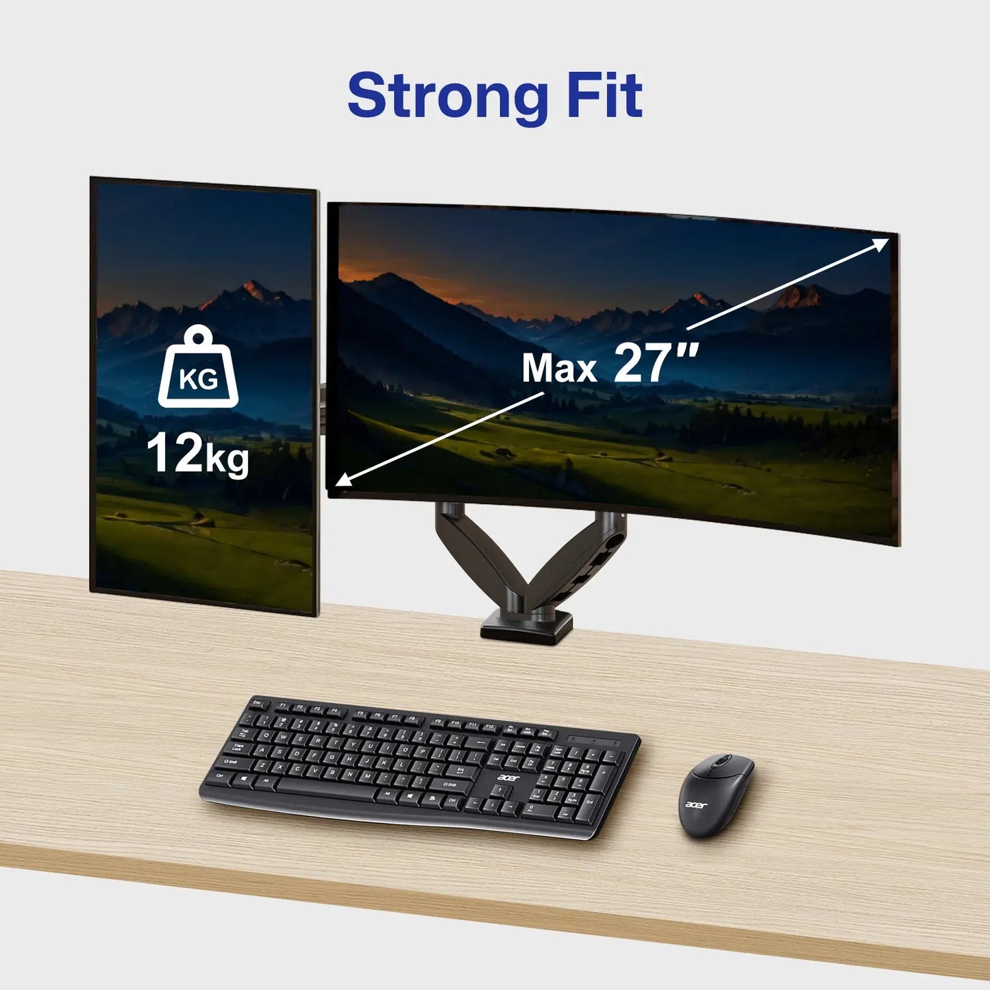 Dual Monitor Setup: Dual monitor setup on adjustable stand; left monitor vertical, right monitor horizontal. Supports up to 12 kg and 27-inch screens.