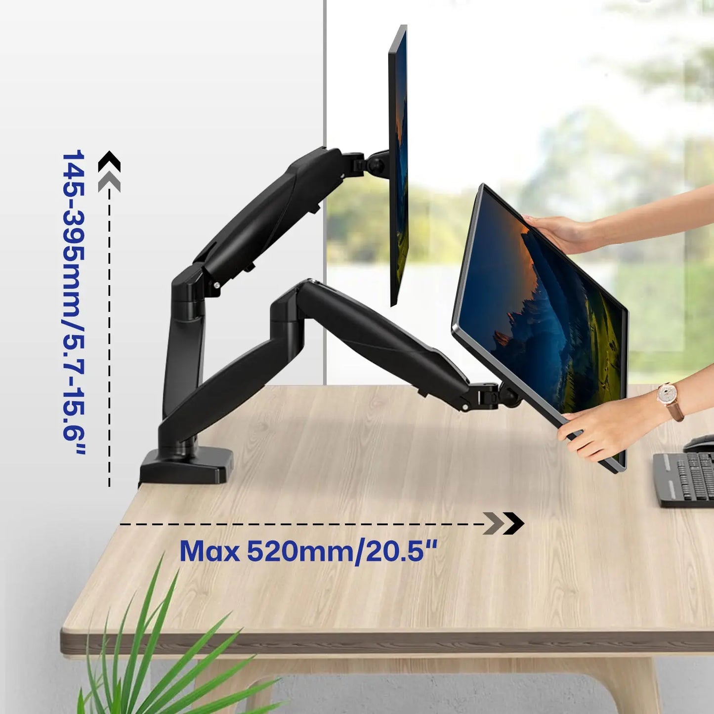 Adjustable Dual Monitor Arm: Dual monitor arm with height (145-395mm) and reach (520mm) adjustments, allowing flexible positioning.