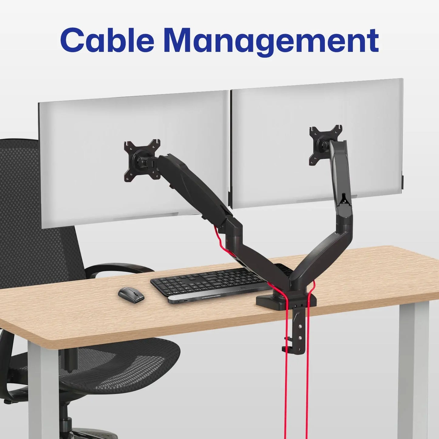 Cable Management: Dual monitor setup with cable management, keeping workspace organized and clutter-free.