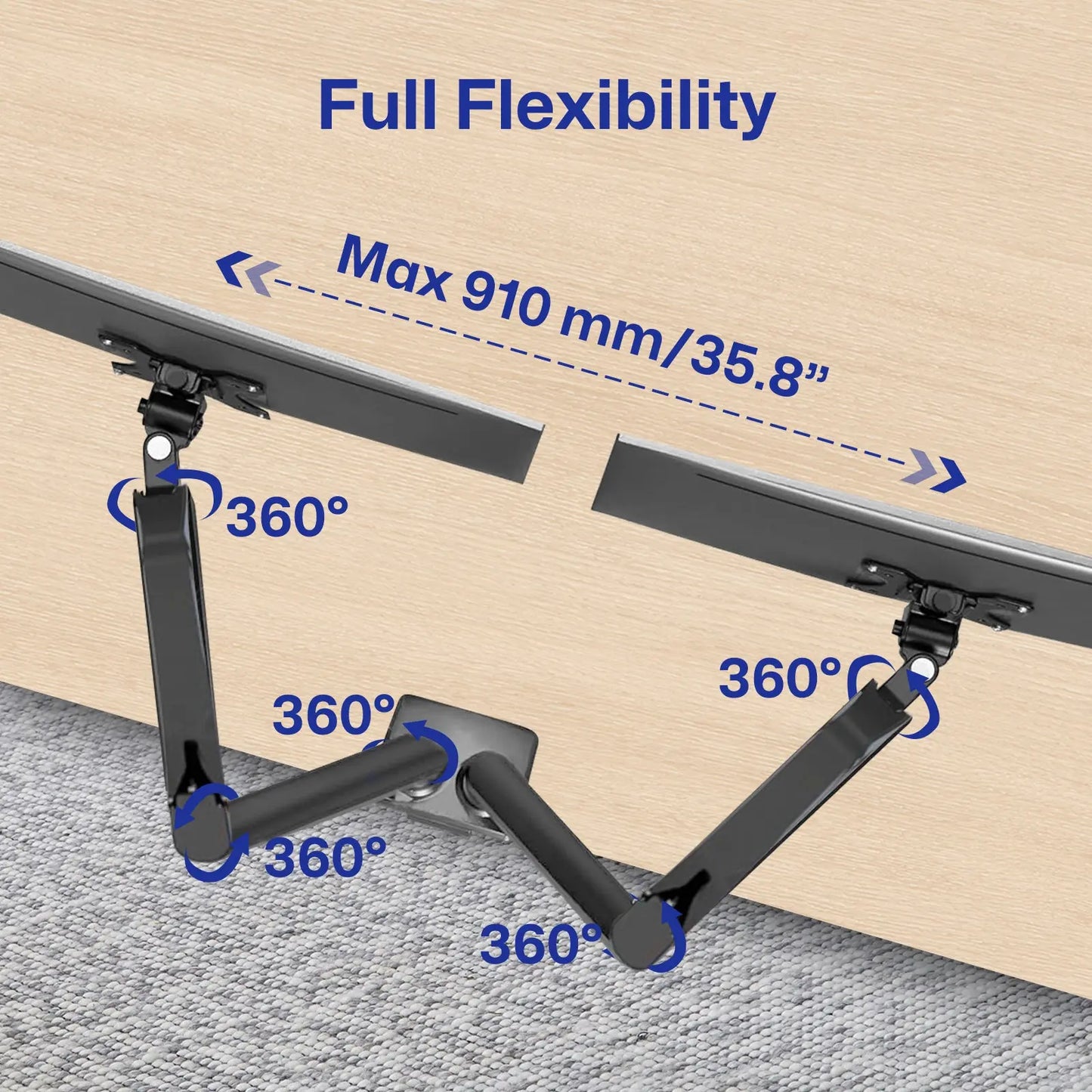 Full Flexibility Dual Monitor Arm: Dual monitor arm with 360° rotation and 910mm (35.8 inches) extension for versatile mounting solutions.