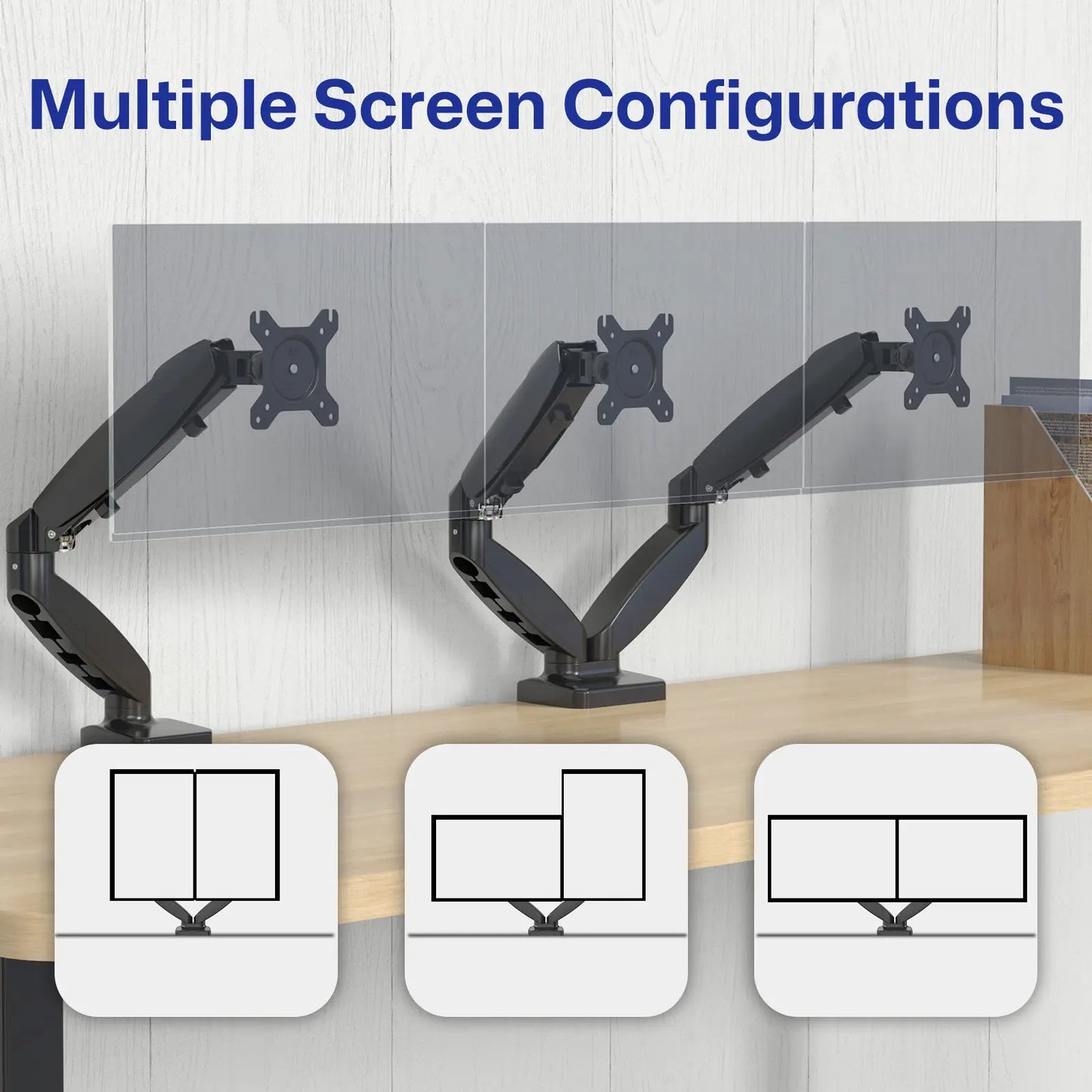 Multiple Screen Configurations: Three monitor arms with VESA mounts, allowing various screen setups: side-by-side, stacked, or mixed.