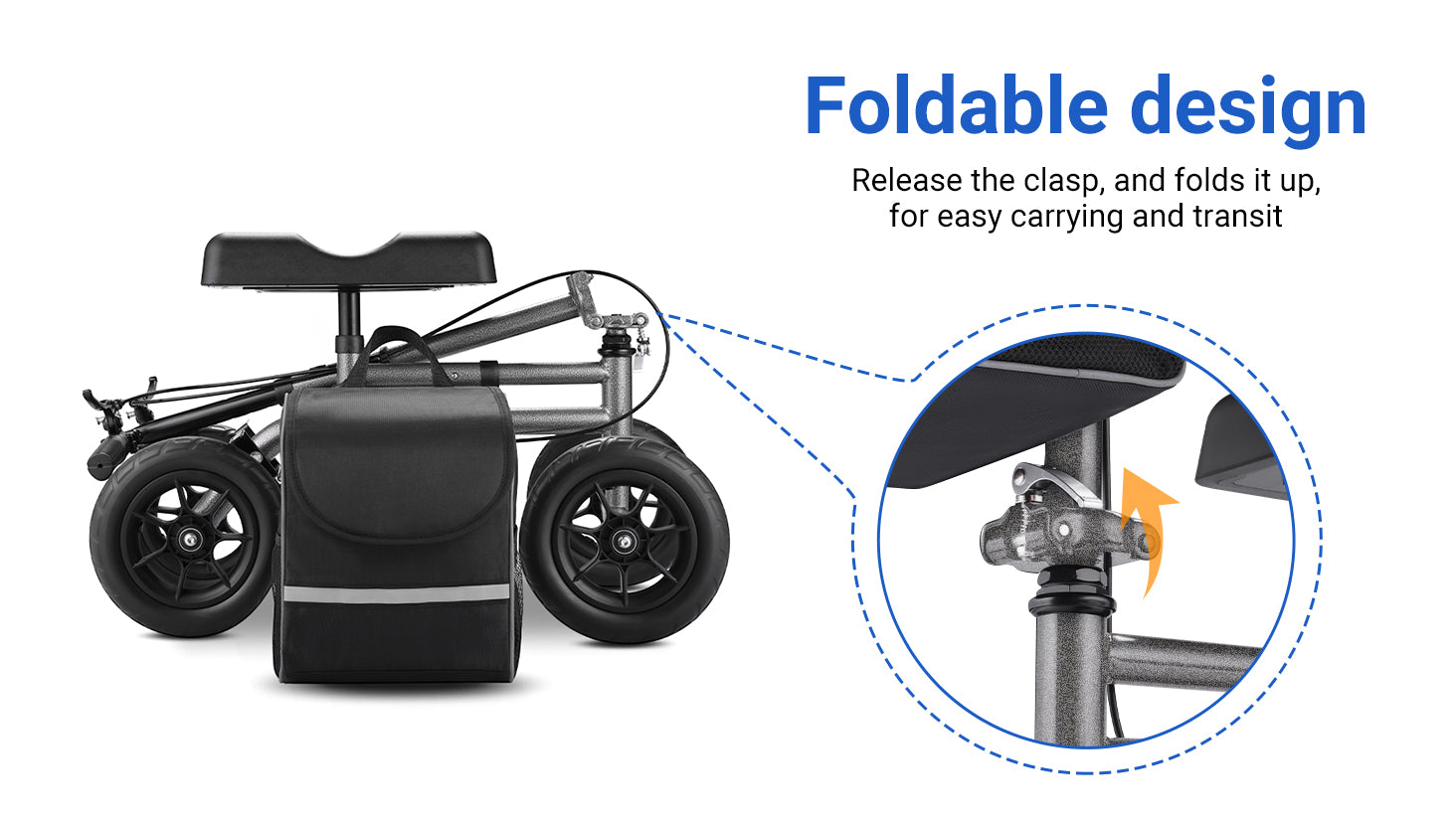 The Knee Scooter folds quickly with a simple latch release, reducing its size for convenient transport and storage. Perfect for everyday use or packing into a car for travel.