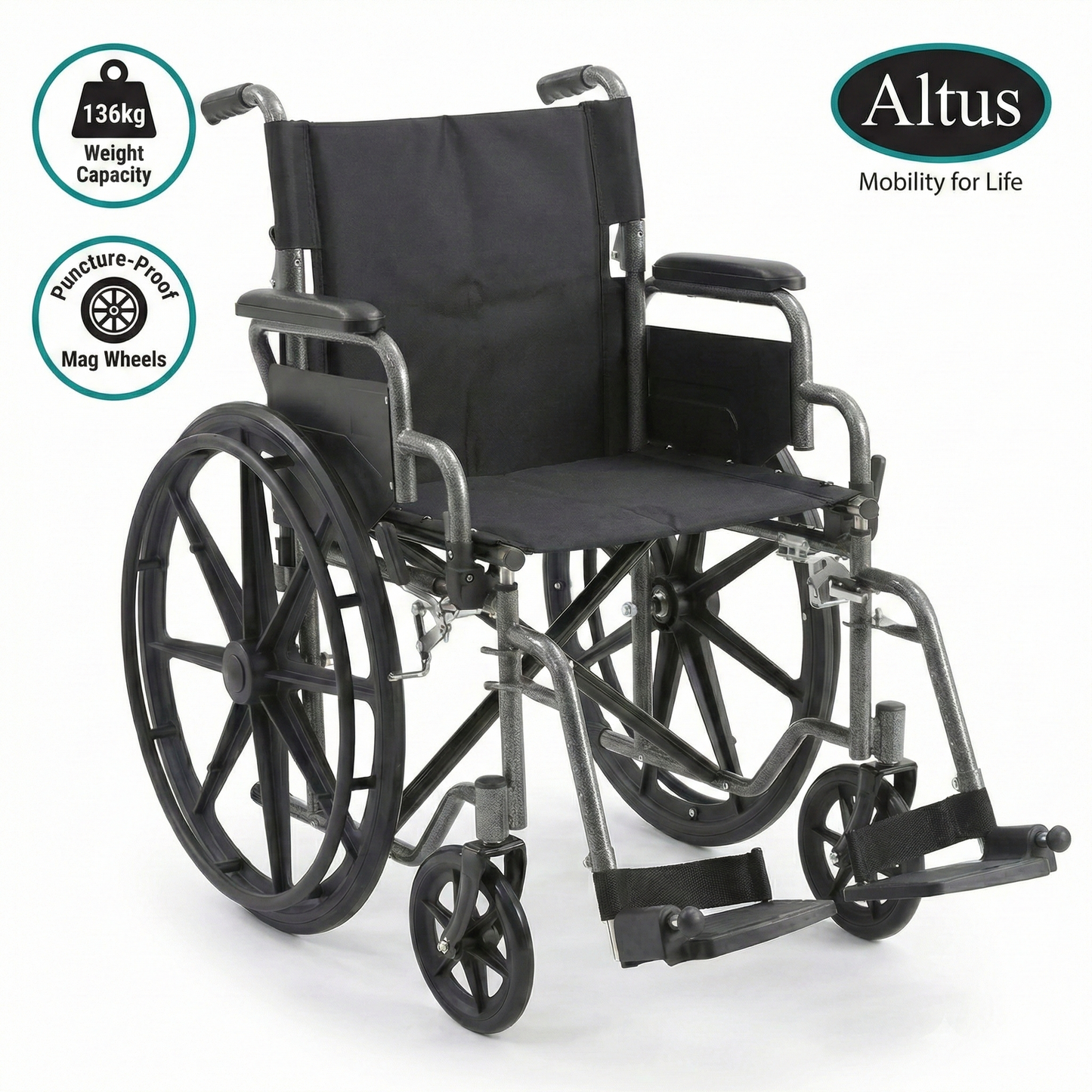 Black wheelchair with Altus branding on a white background