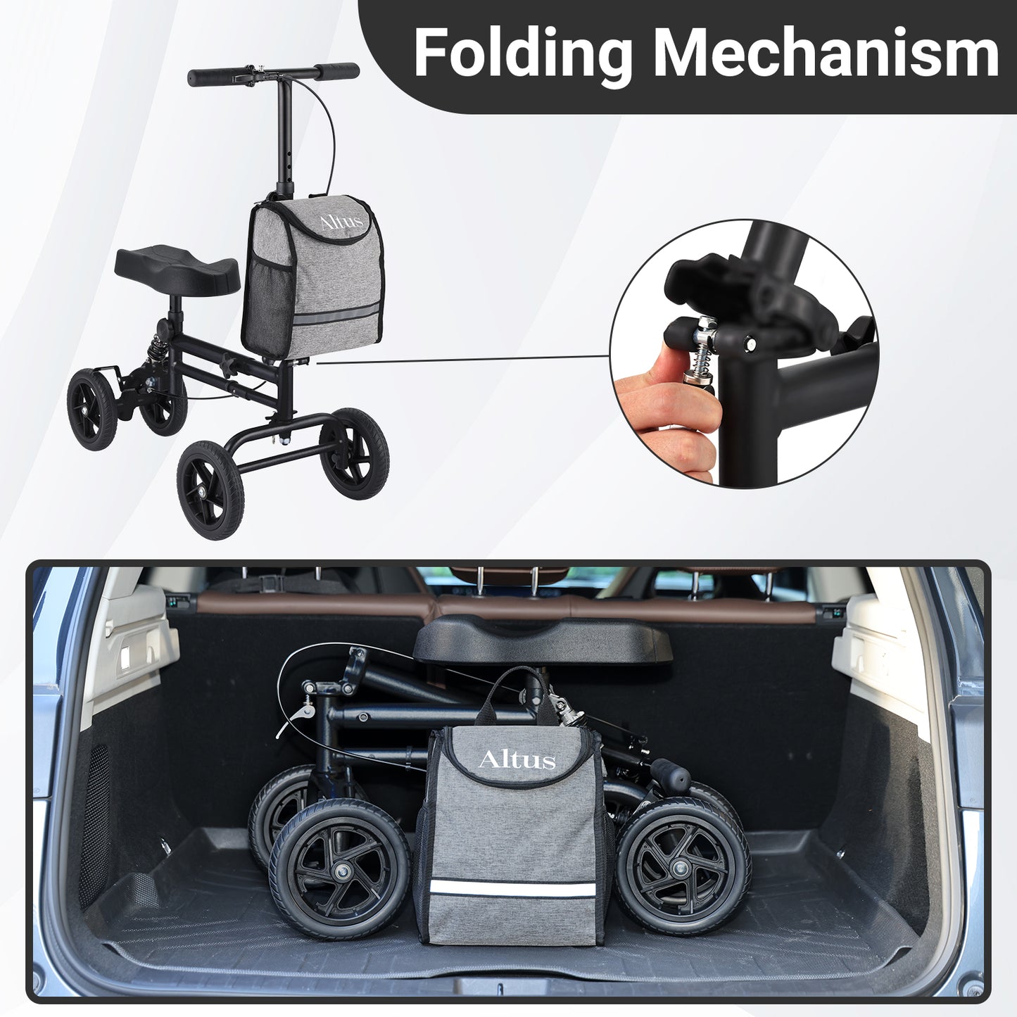 Folding knee walker with bag and close-up of folding mechanism, shown in a car trunk.