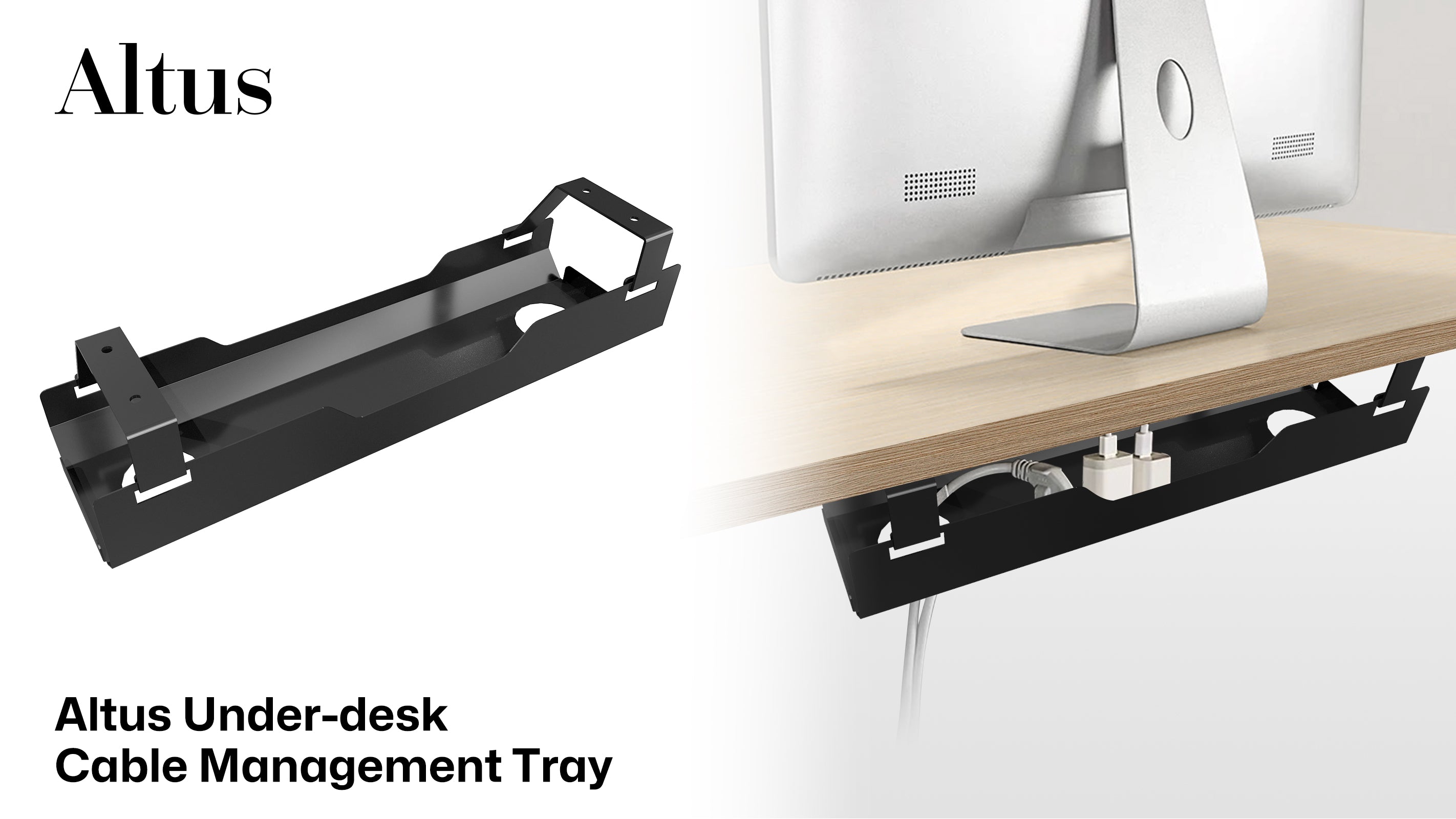 Under-desk cable management tray securely holding a MacBook adapter, ensuring a clutter-free workspace. "Ideal for MacBook Adapter" text highlights suitability.