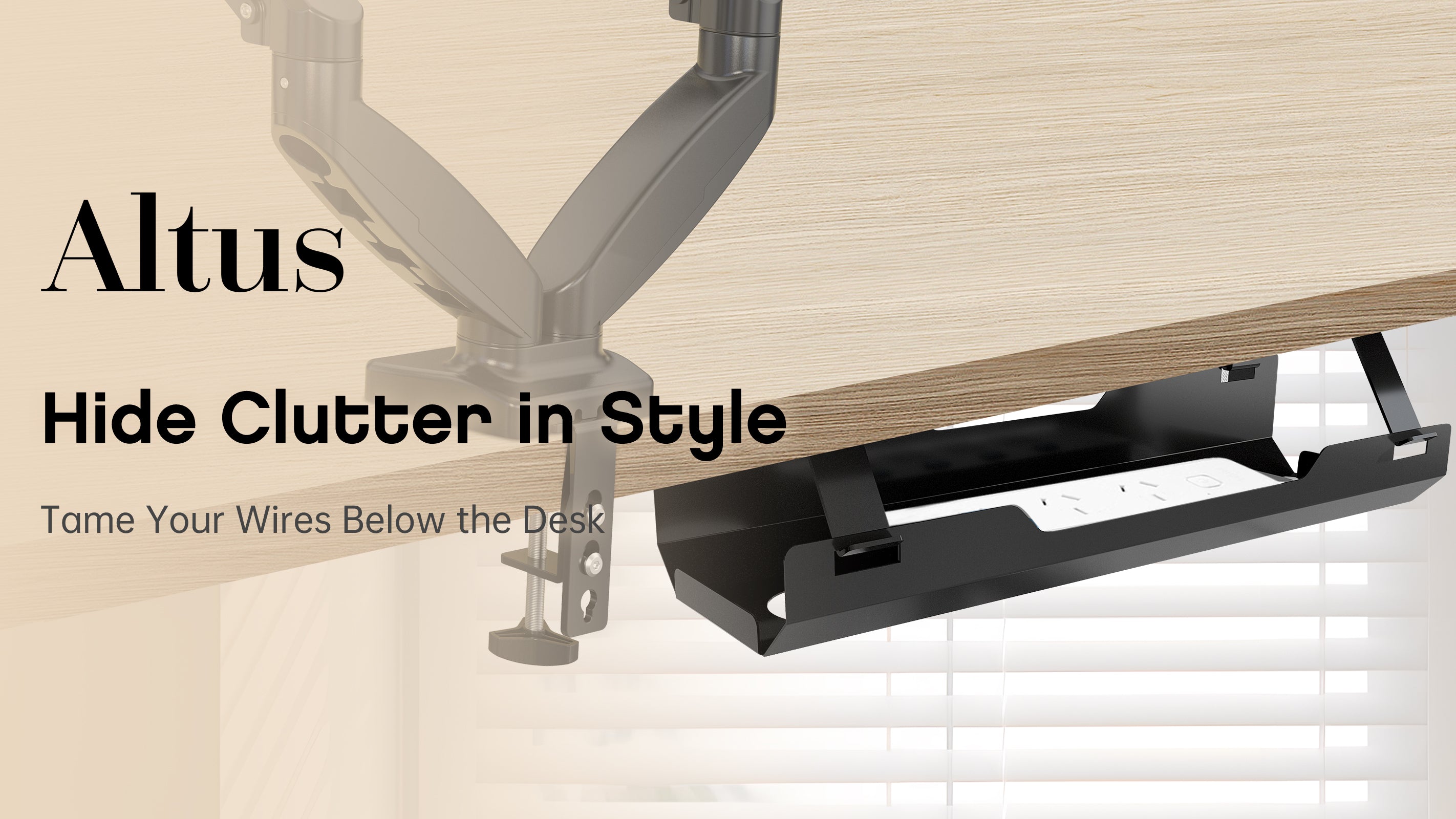Under-desk cable management tray holding cables and plugs, ensuring a clutter-free workspace. "Clutter-Free Workspace Organize Cables Invisibly" text emphasizes hidden cable organization.